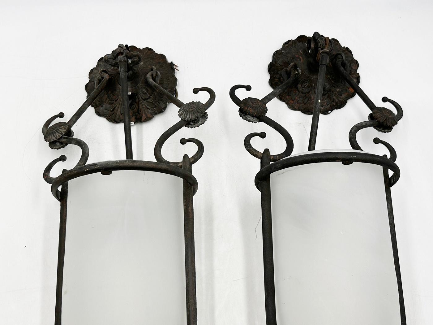 Blackened Pair of Glass & Steel Lantern Lights by Lantern Masters, USA 2000's For Sale