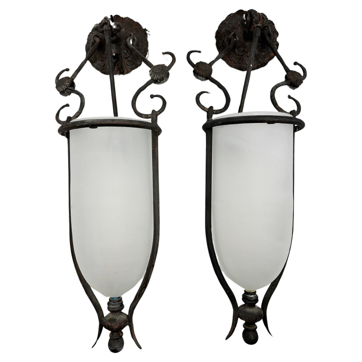 Pair of Glass & Steel Lantern Lights by Lantern Masters, USA 2000's For Sale
