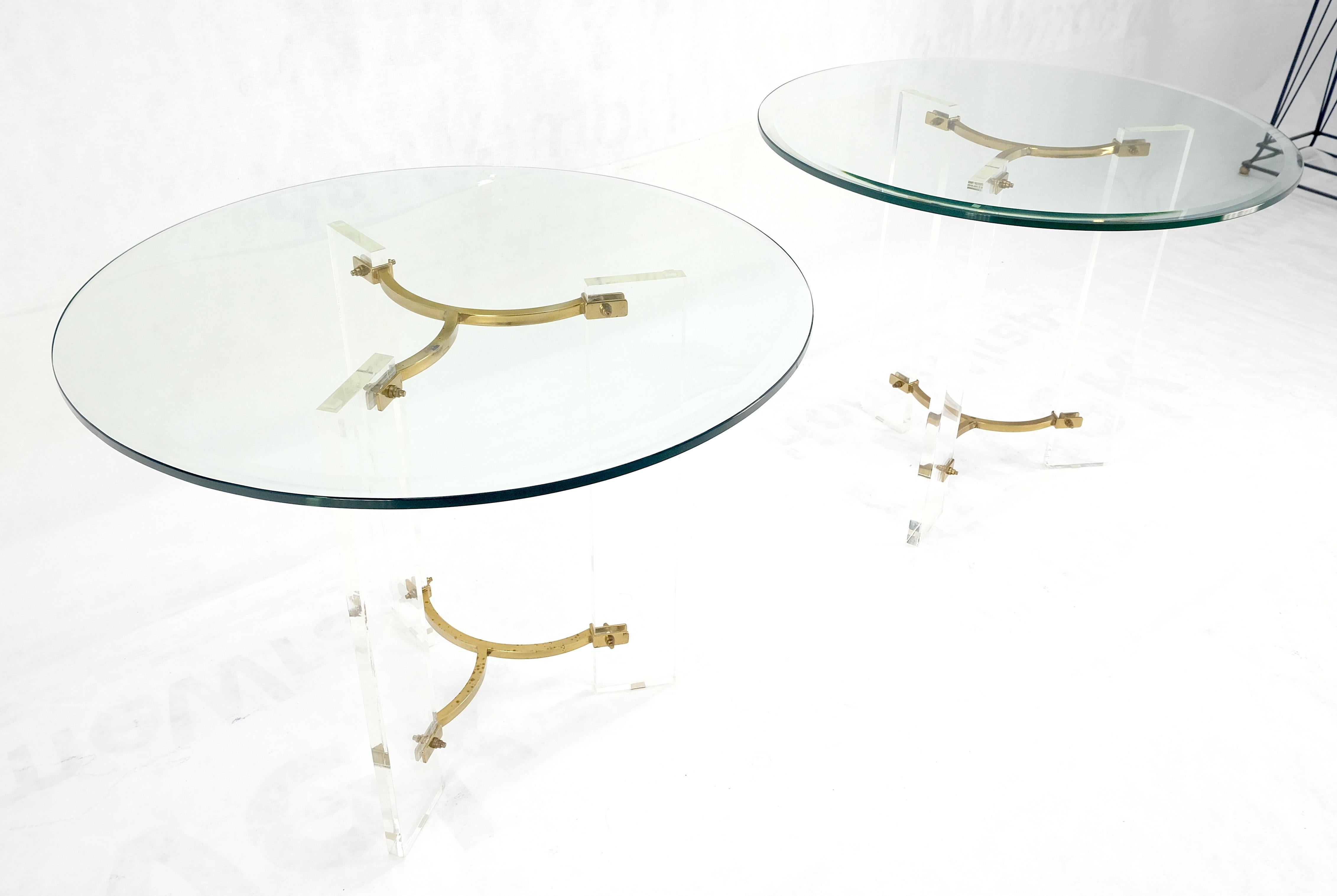 Pair of Glass Top Lucite & Brass Bases End Side Occasional Tables Stands MINT! For Sale 6
