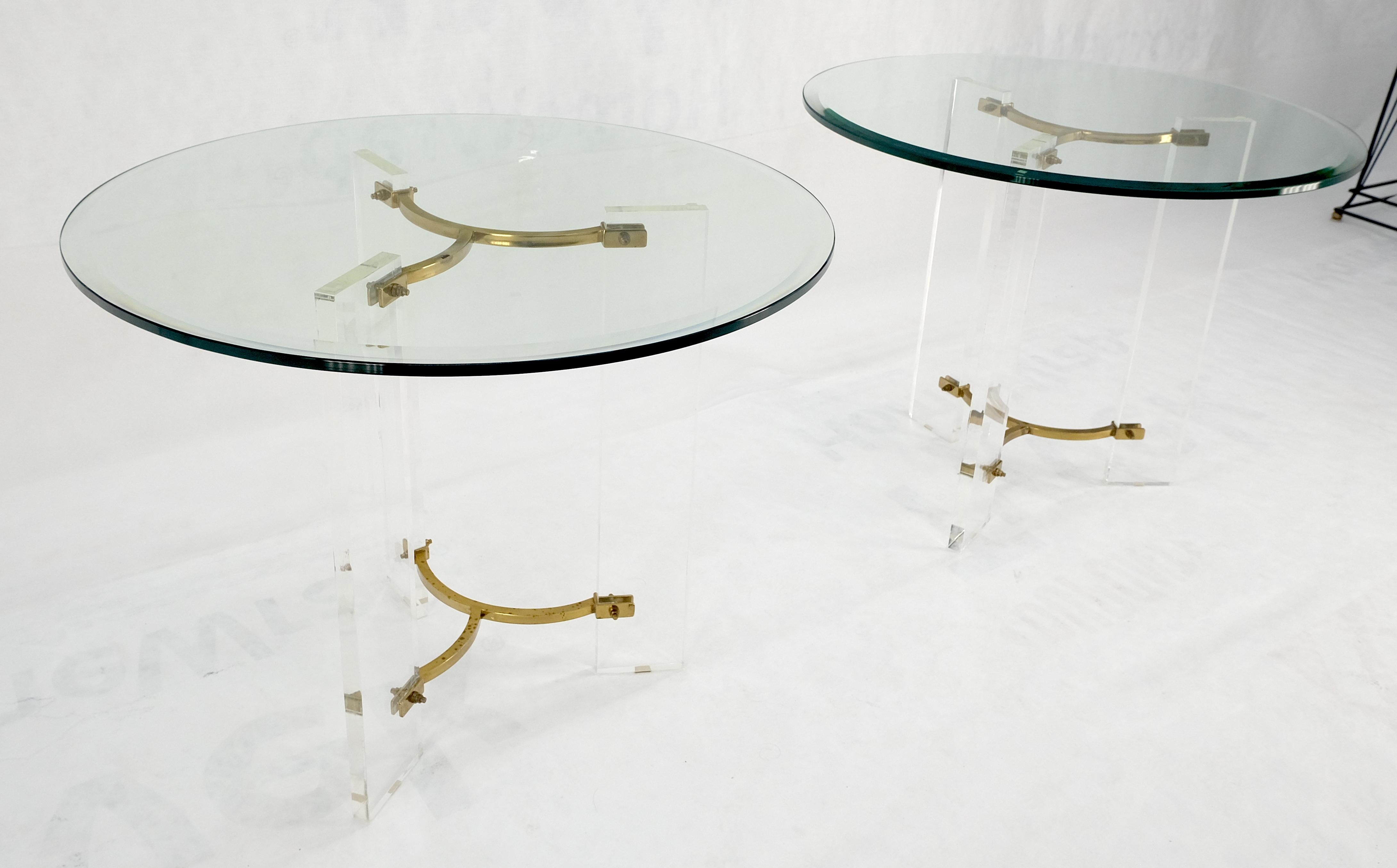 Pair of Glass Top Lucite & Brass Bases End Side Occasional Tables Stands MINT! For Sale 7