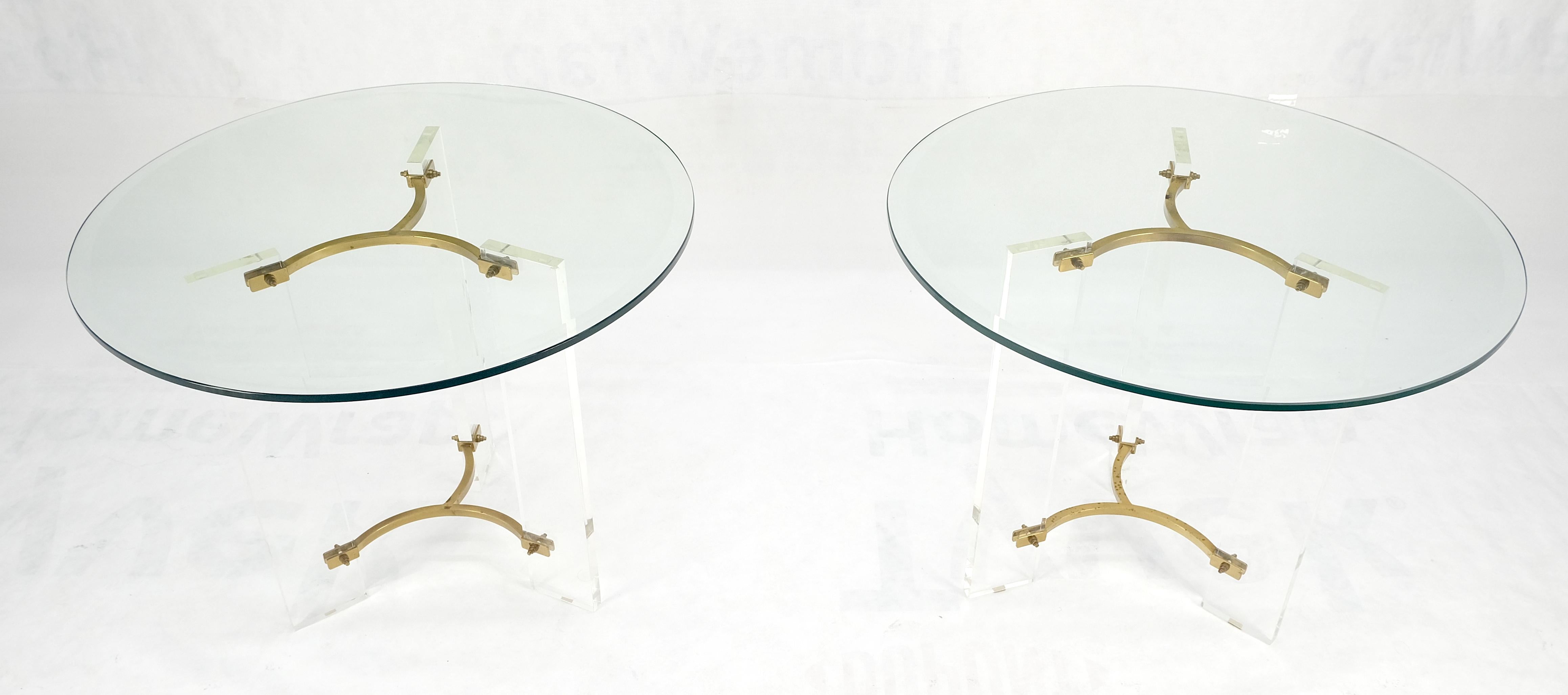 American Pair of Glass Top Lucite & Brass Bases End Side Occasional Tables Stands MINT! For Sale