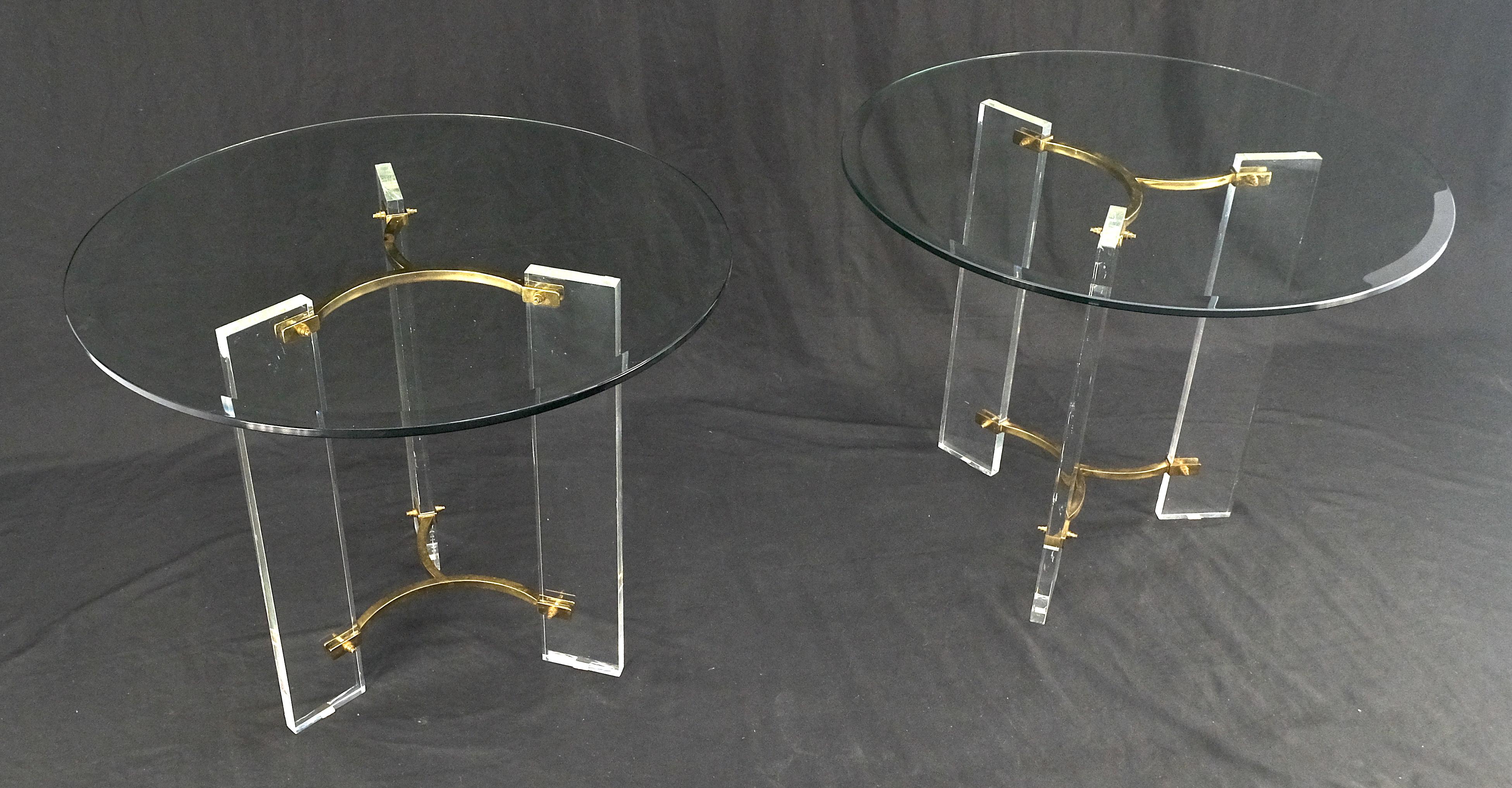 20th Century Pair of Glass Top Lucite & Brass Bases End Side Occasional Tables Stands MINT! For Sale