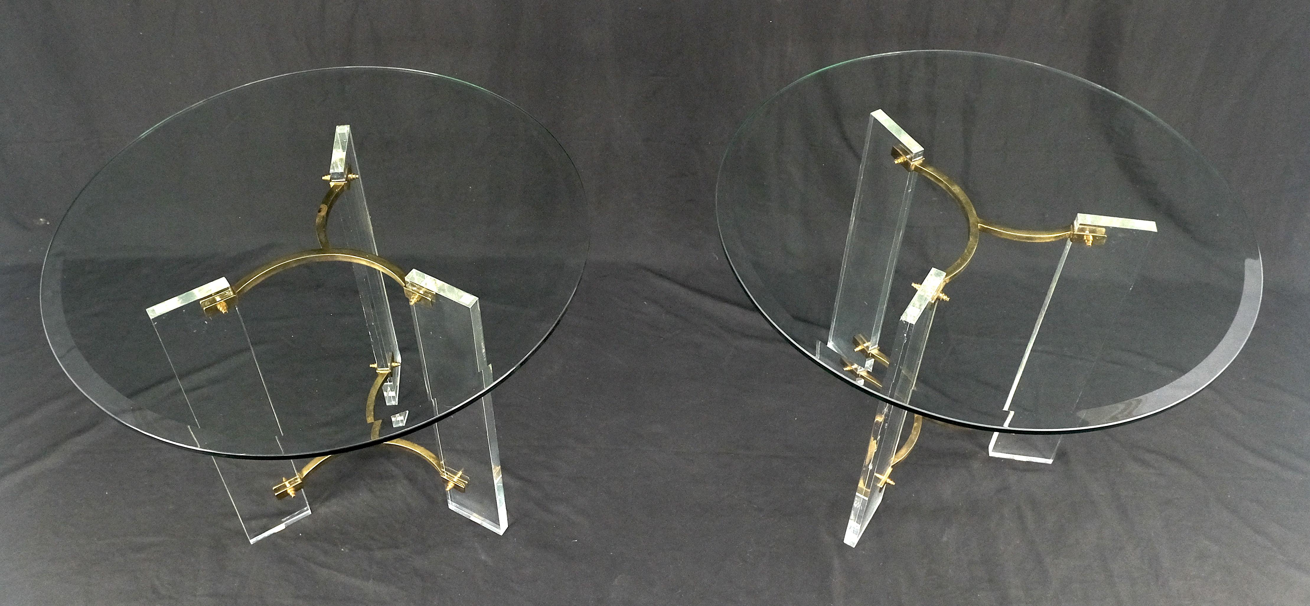 Pair of Glass Top Lucite & Brass Bases End Side Occasional Tables Stands MINT! For Sale 1