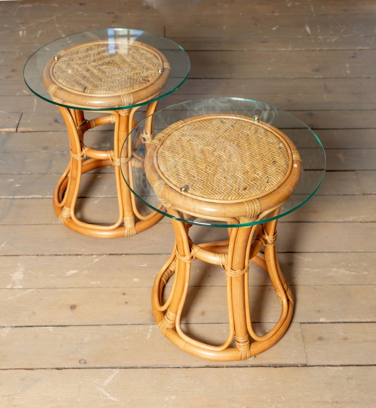Pair of Glass Top Rattan and Woven Wicker Tables with Brass Details For