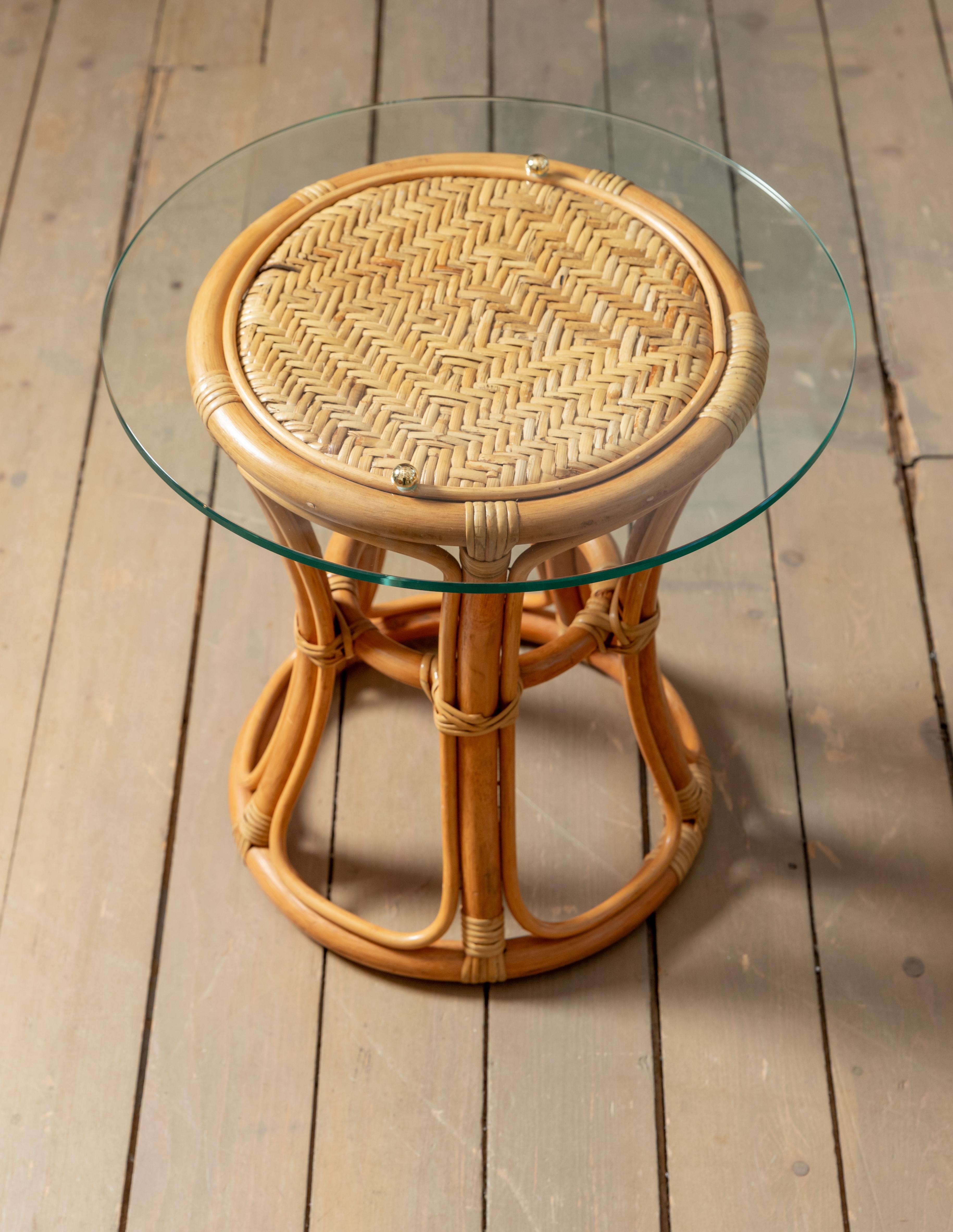 Mid-Century Modern Pair of Glass Top Rattan and Woven Wicker Tables with Brass Details For Sale