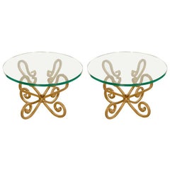 Vintage Pair of Glass Top Side Tables on Iron Gilt Base in the style of JC Moreux