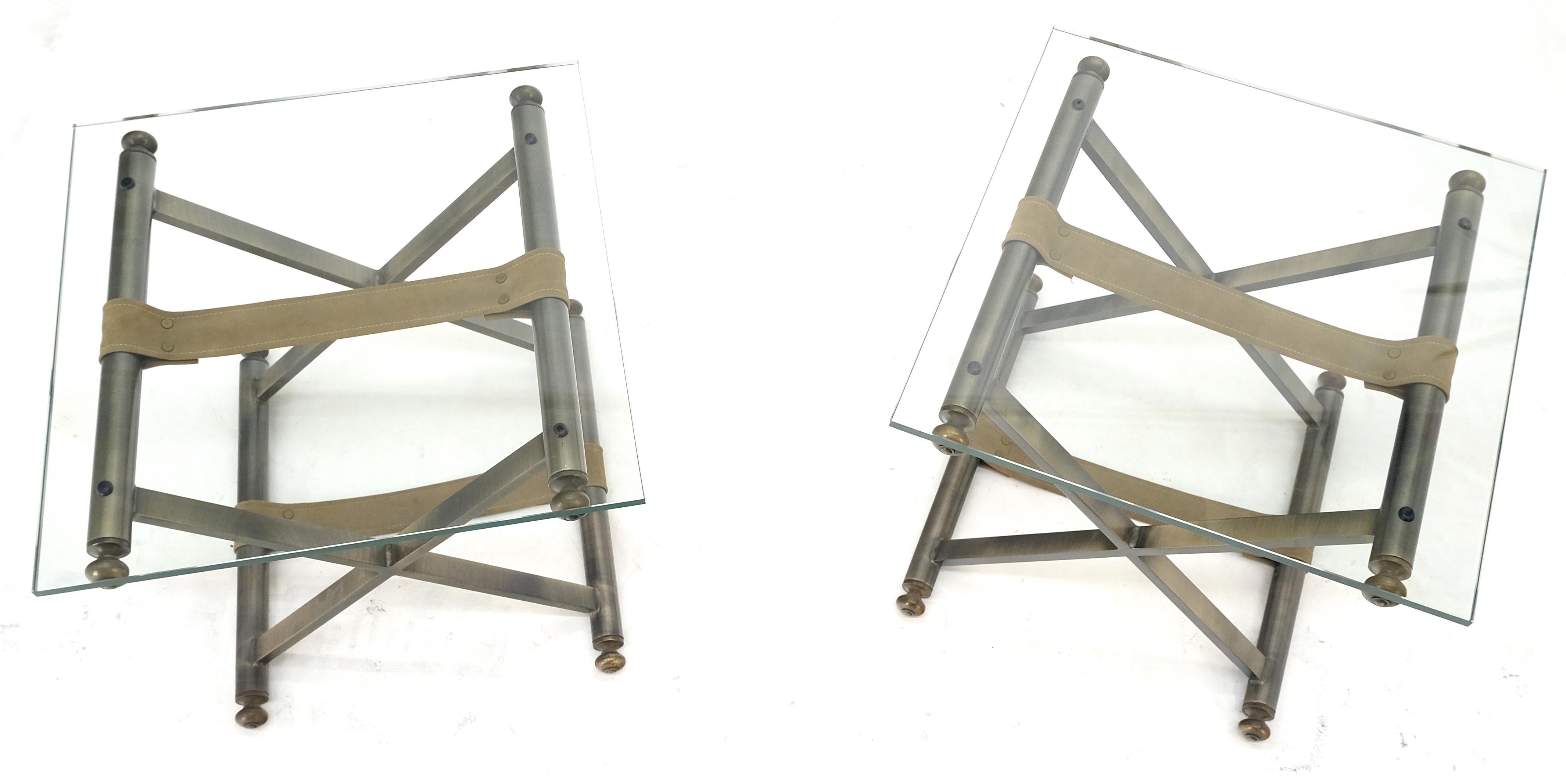 Mid-Century Modern Pair of Glass Top X Bases Smoked Chrome End Side Bed Tables Stands DIA MINT! For Sale