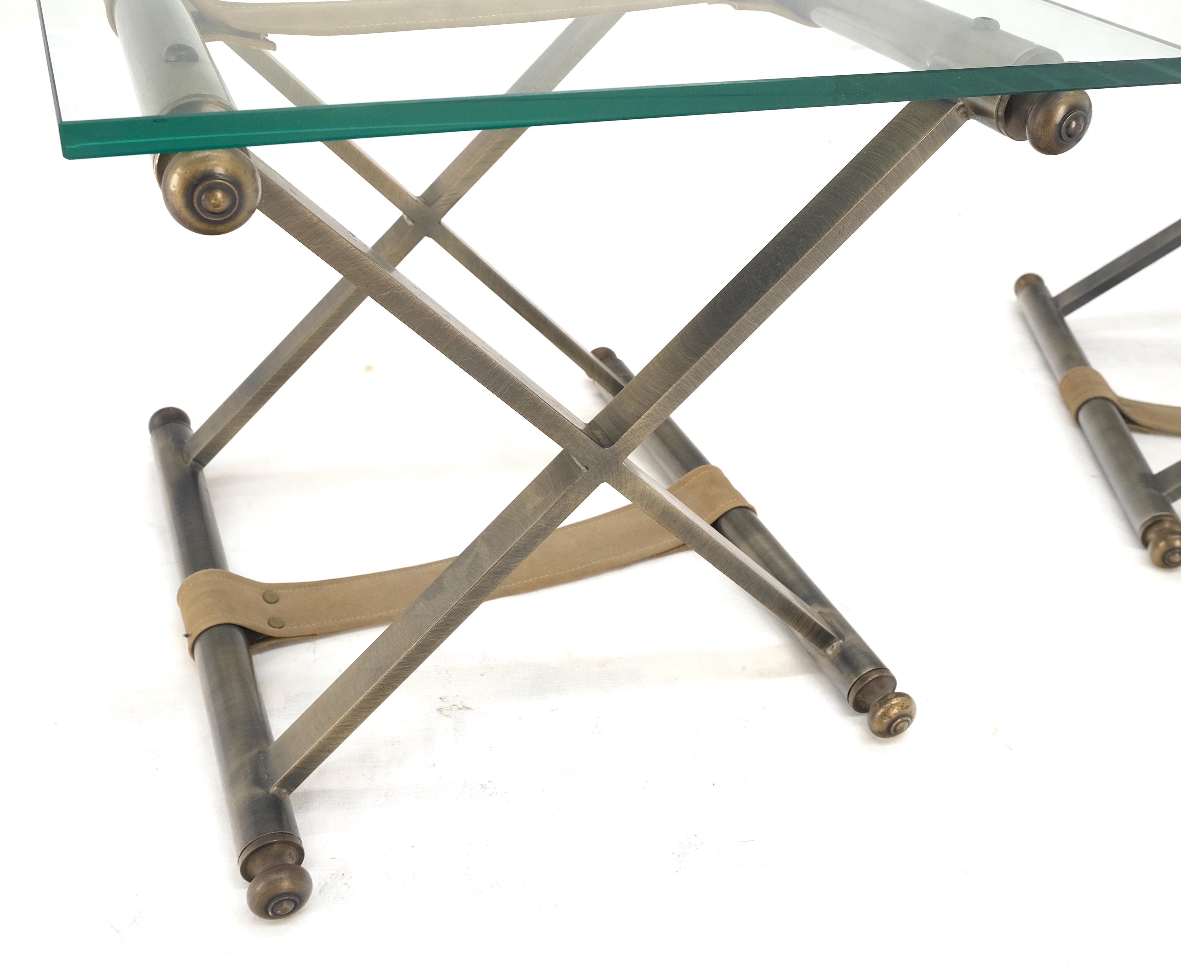 North American Pair of Glass Top X Bases Smoked Chrome End Side Bed Tables Stands DIA MINT! For Sale