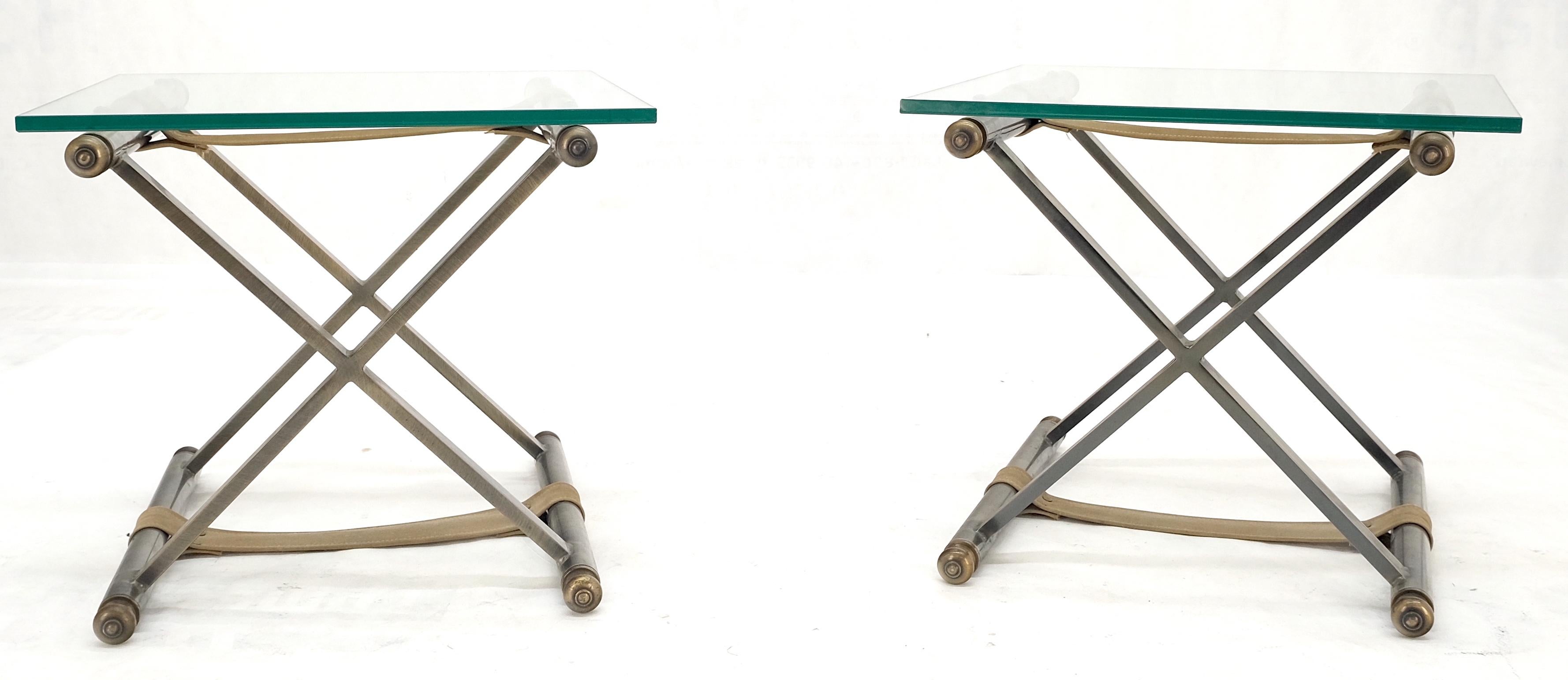Pair of Glass Top X Bases Smoked Chrome End Side Bed Tables Stands DIA MINT! In Good Condition For Sale In Rockaway, NJ
