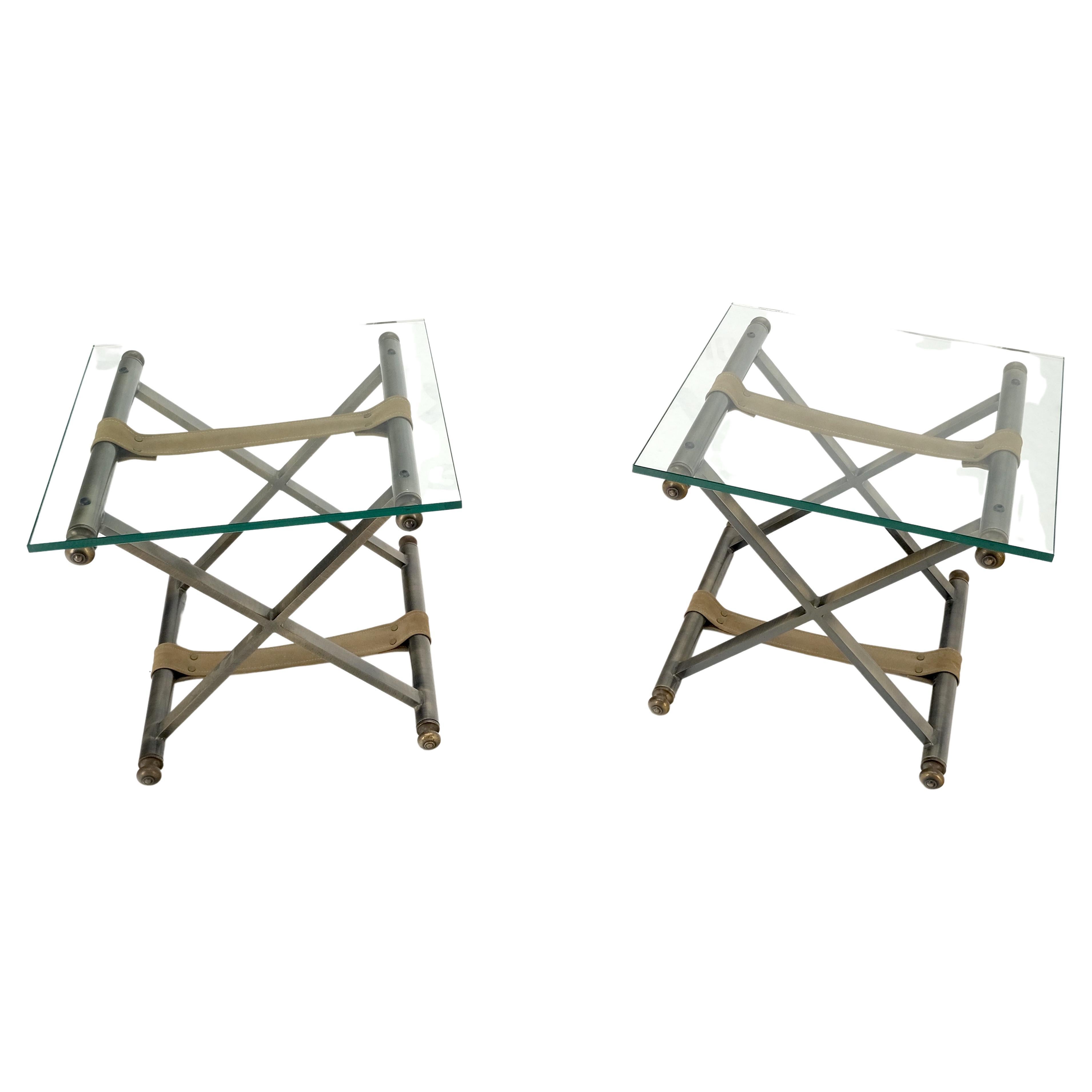 Pair of Glass Top X Bases Smoked Chrome End Side Bed Tables Stands DIA MINT! For Sale