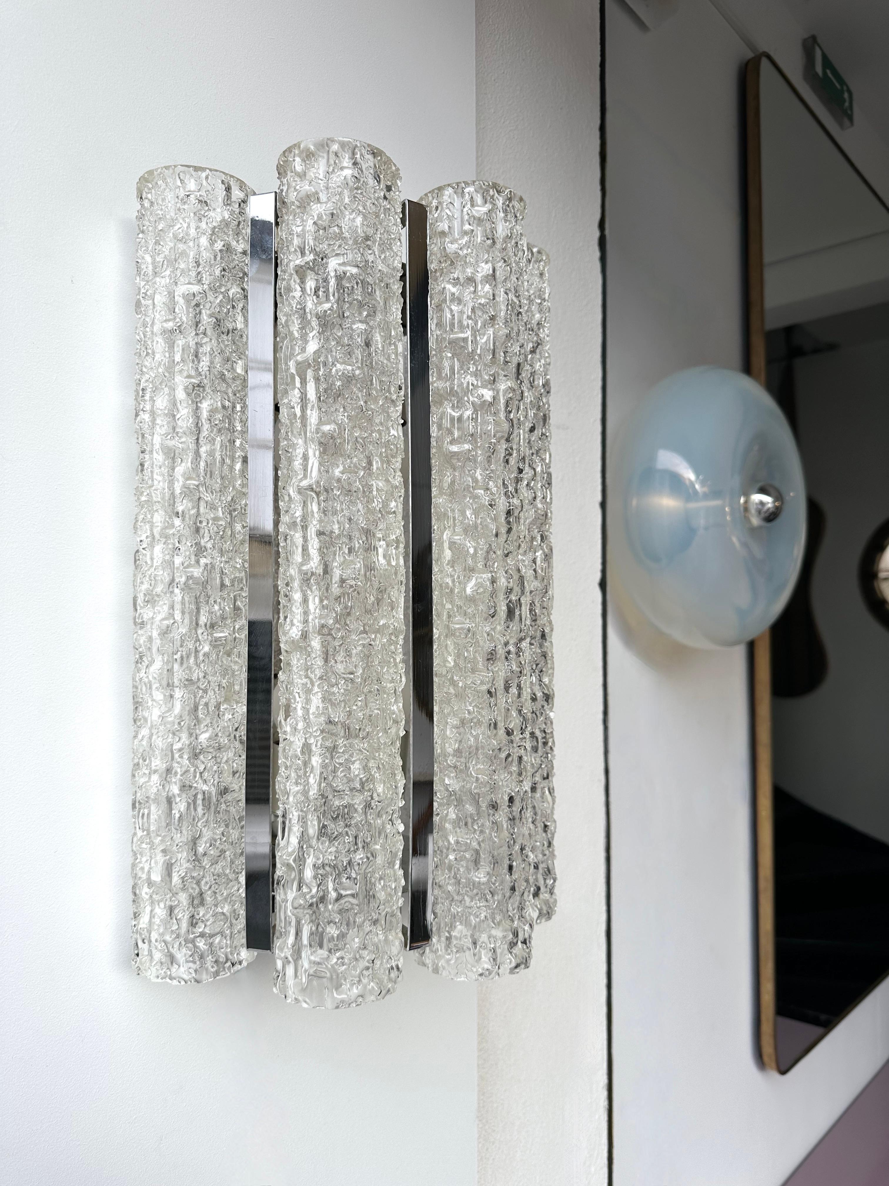 Pair of Glass Tube and Metal Chrome Sconces by Doria Leuchten. Germany, 1970s For Sale 1
