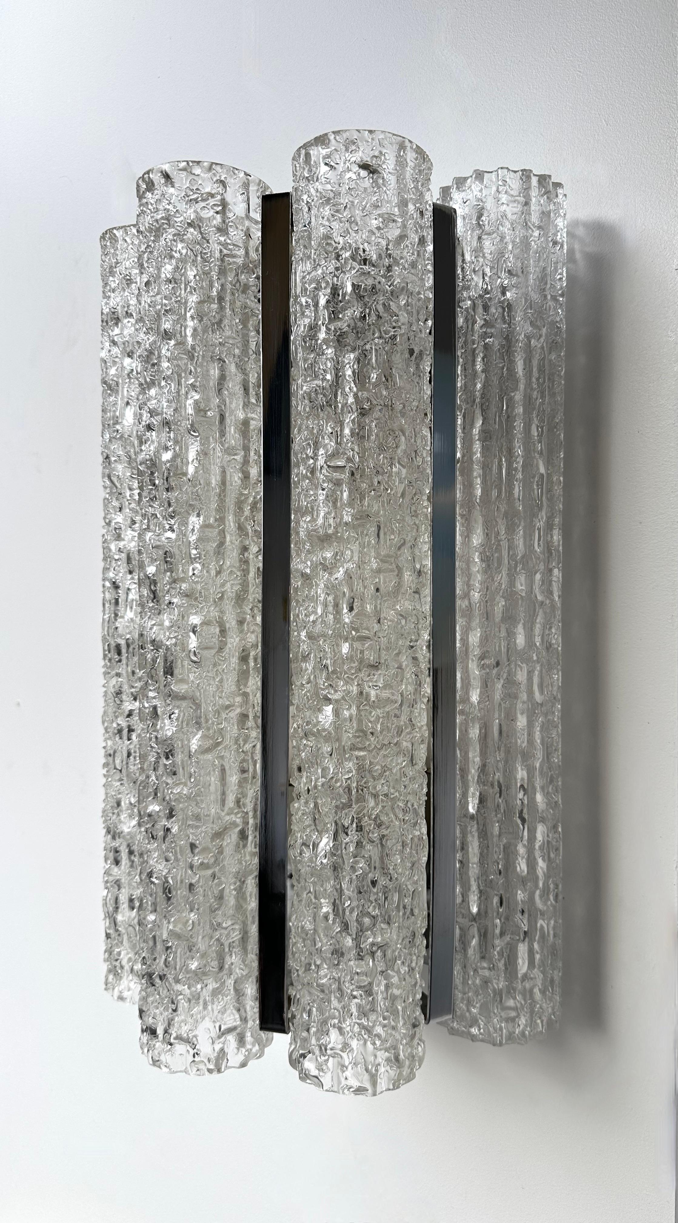 Pair of Glass Tube and Metal Chrome Sconces by Doria Leuchten. Germany, 1970s For Sale 4