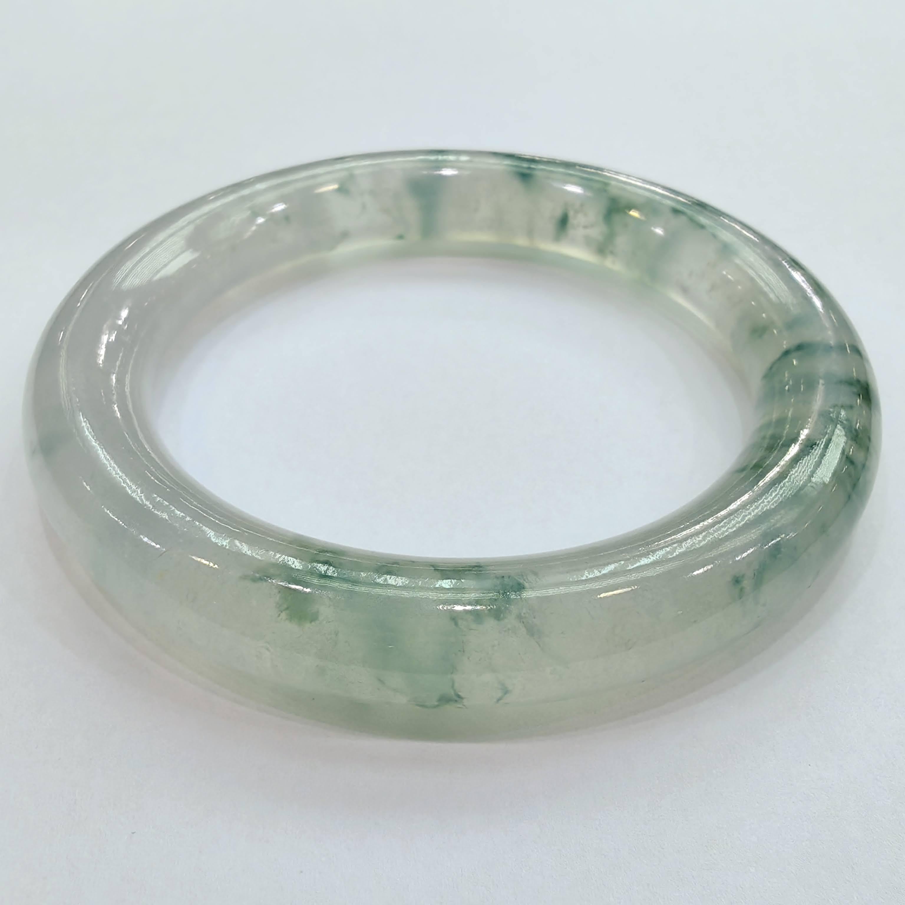 Contemporary Pair of Glass Type Green Floating Flower Jadeite Jade Bangles For Sale