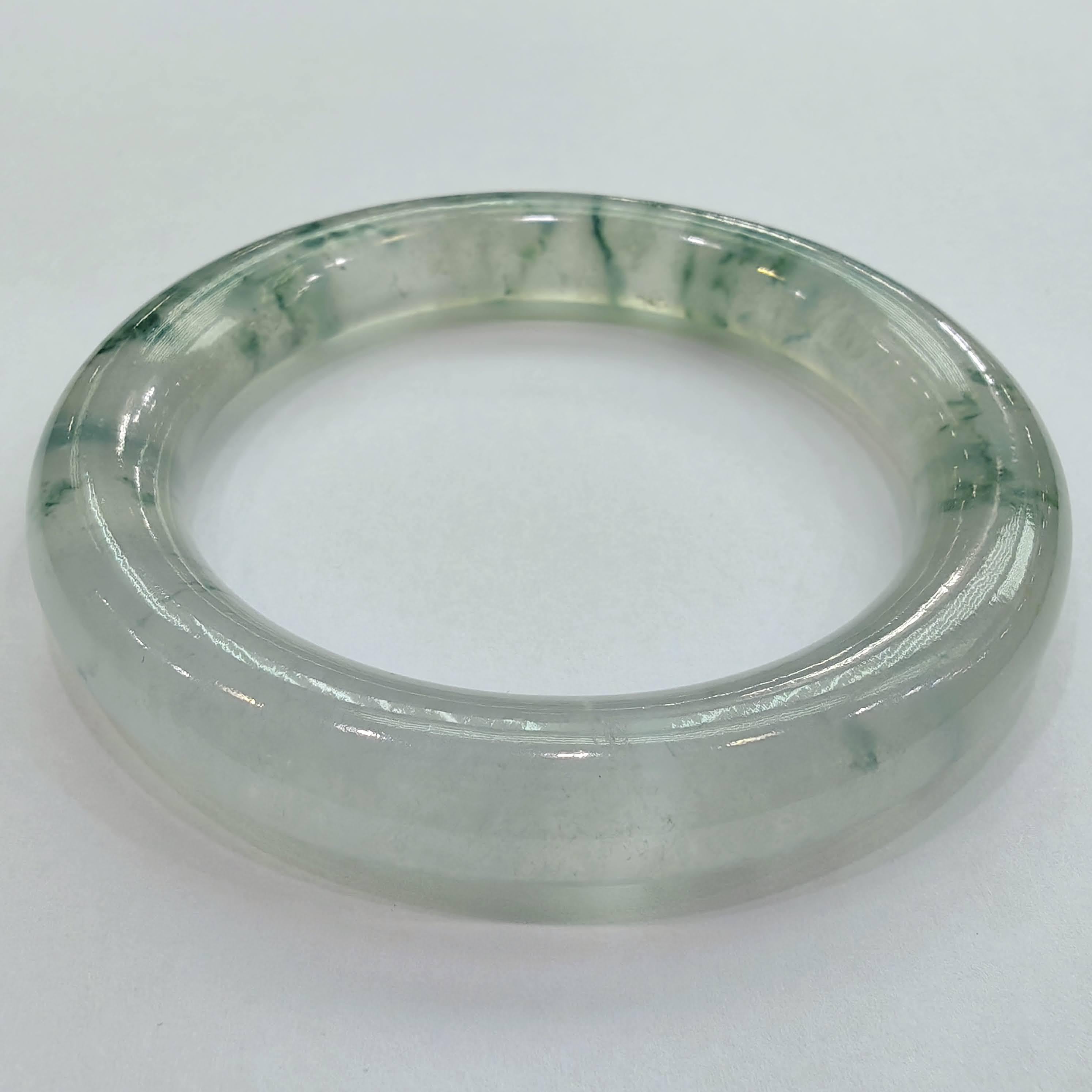 Round Cut Pair of Glass Type Green Floating Flower Jadeite Jade Bangles For Sale