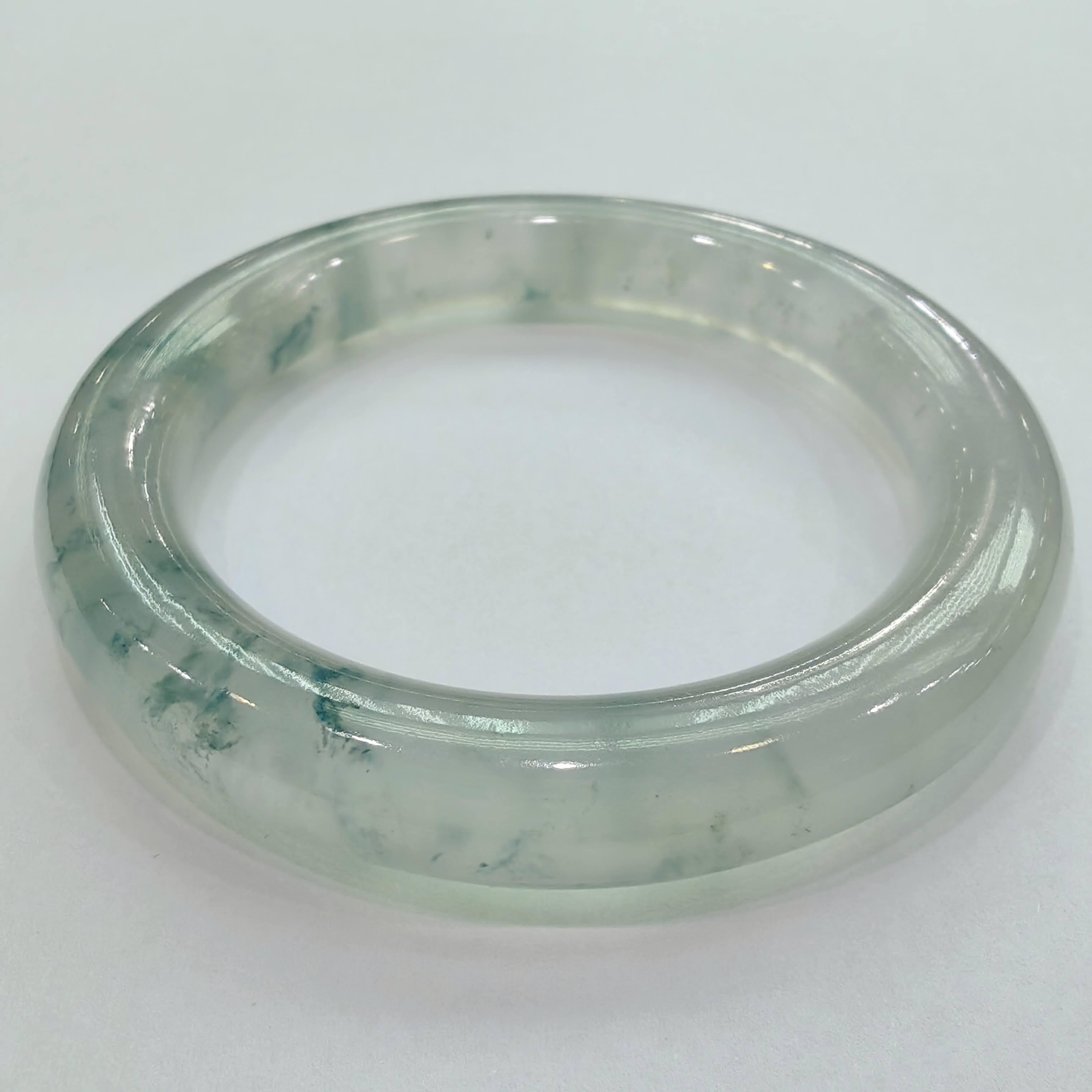 Women's Pair of Glass Type Green Floating Flower Jadeite Jade Bangles For Sale