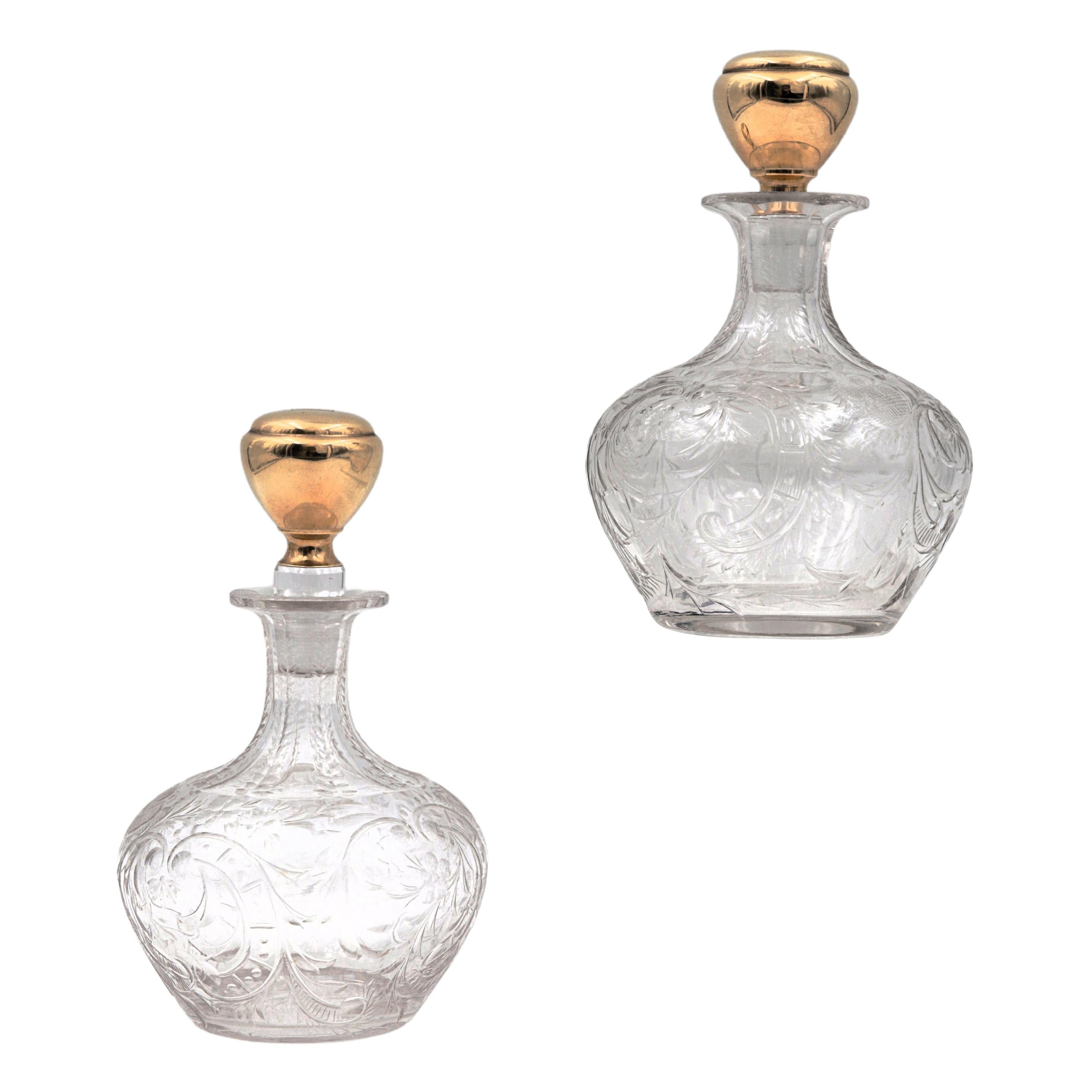 Pair of Glass Vanity Perfume Bottles with 14k Gold Knobs TC Mark '?'