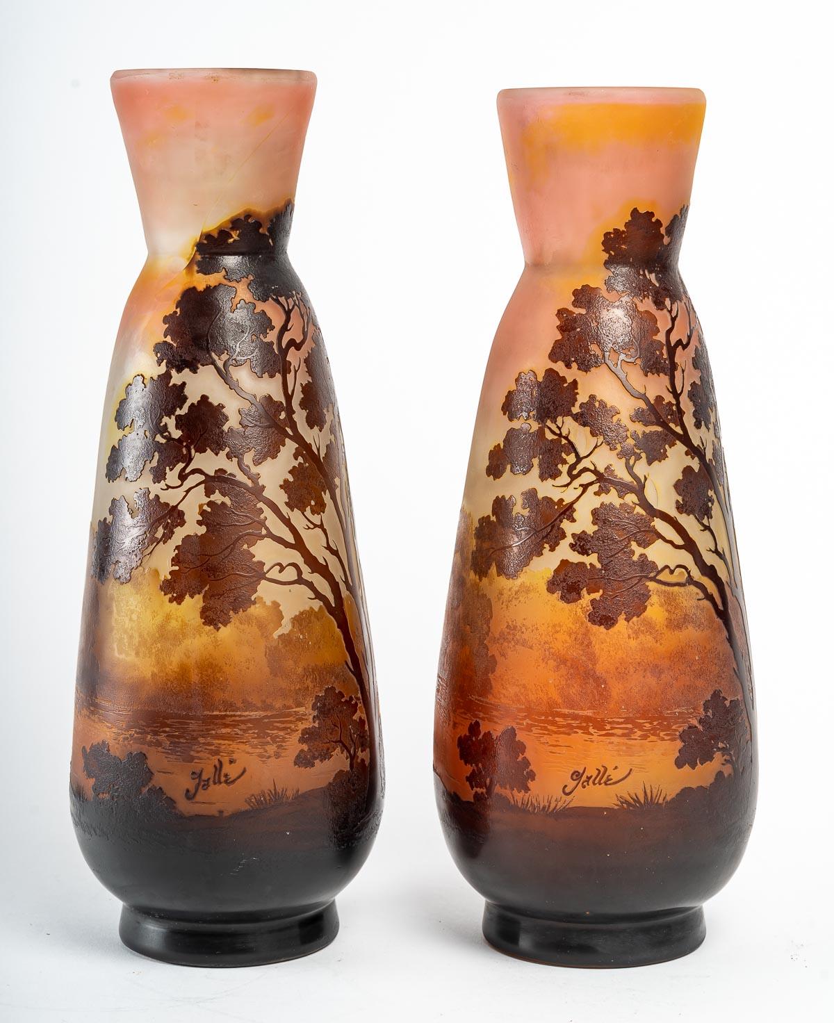 Art Nouveau Pair of Glass Vases by Gallé, Early XXth Century
