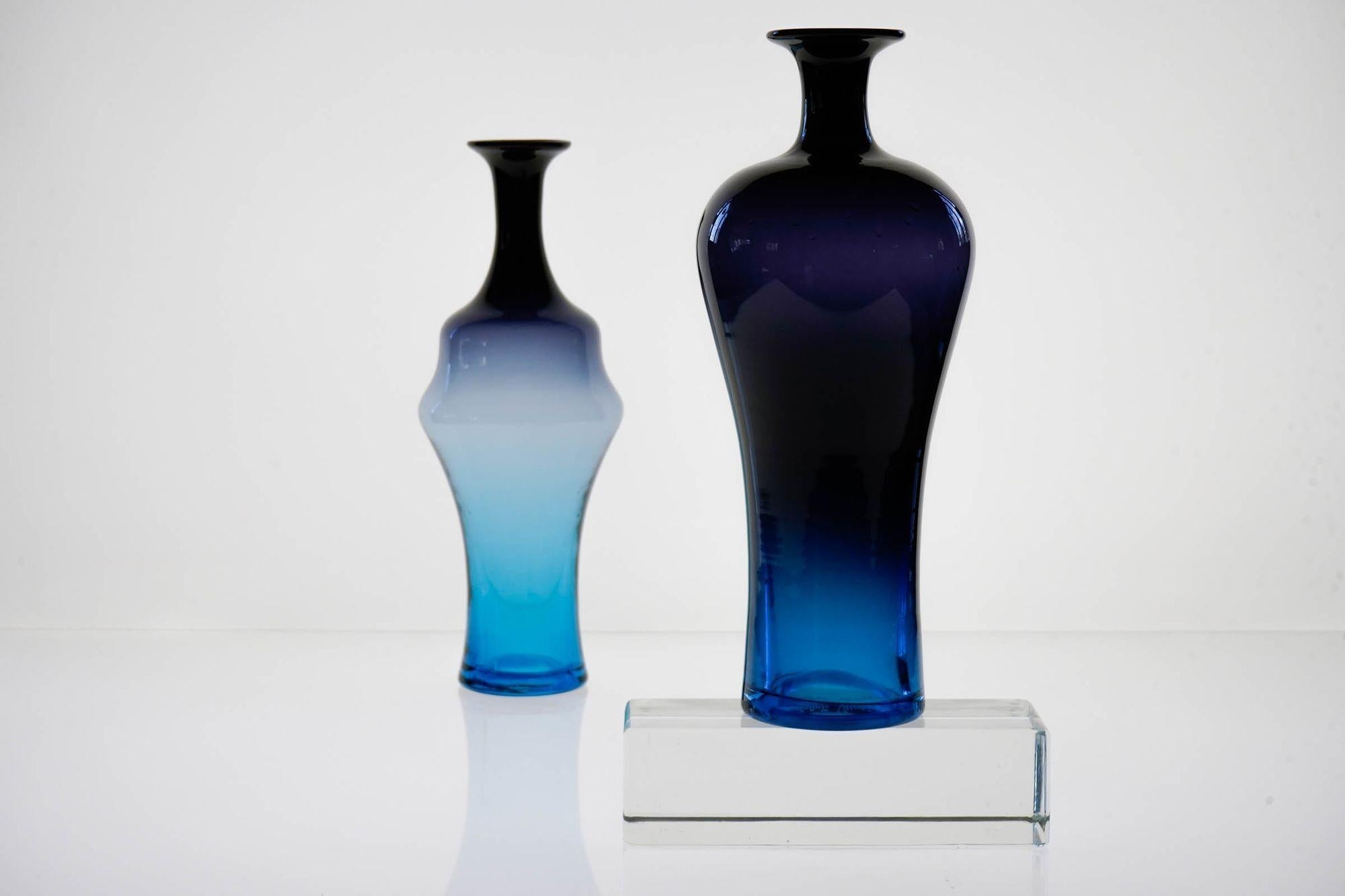 Italian Pair of Glass Vases, VeArt Cobalto Aquamarine Fading, Paolo Venini Design For Sale