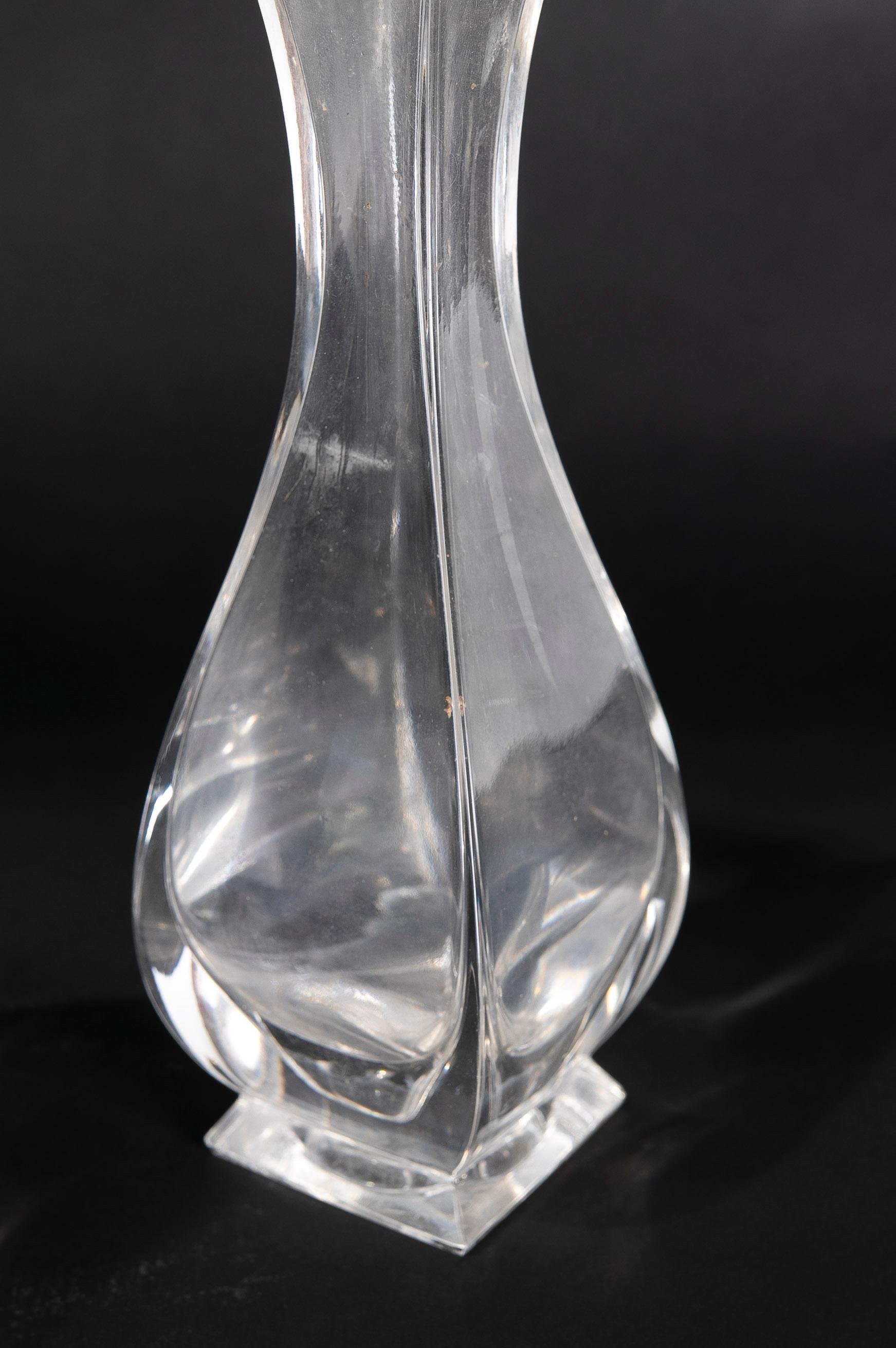 European Pair of Glass Vases with a Curved Shape and Square Mouth For Sale