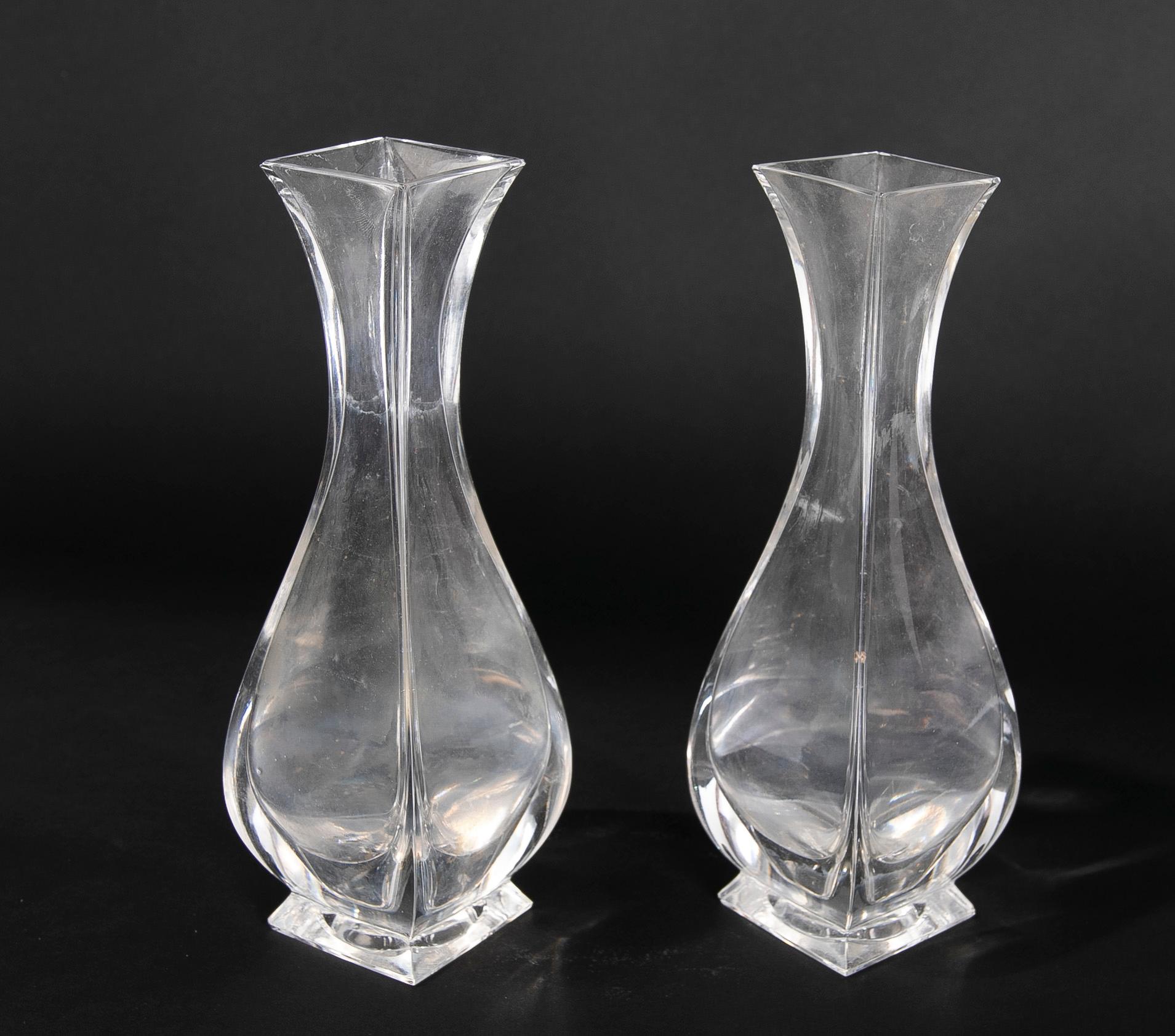Pair of Glass Vases with a Curved Shape and Square Mouth For Sale