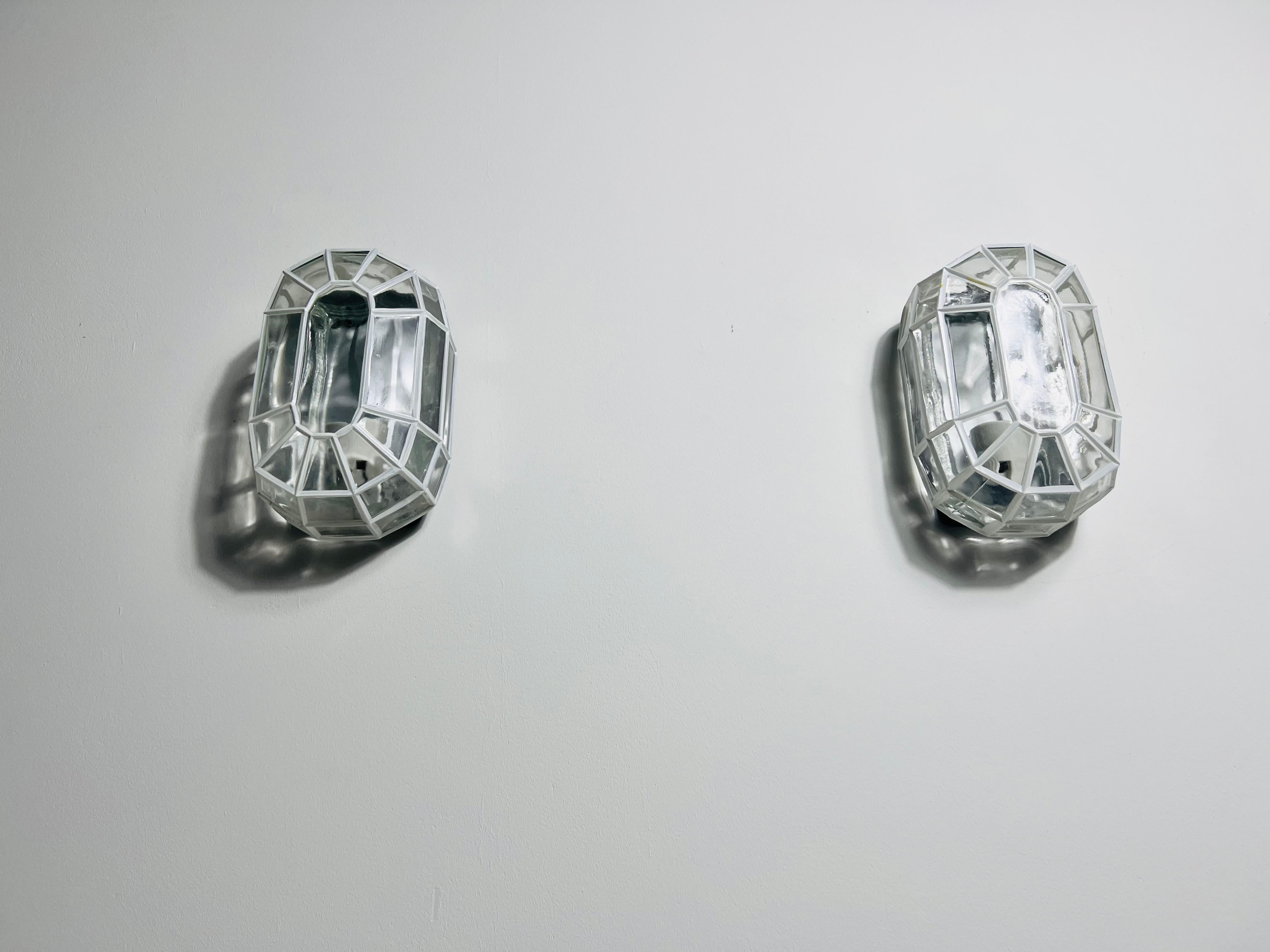German Pair of Glass Wall Lamps by Glashütte Limburg, 1960s For Sale