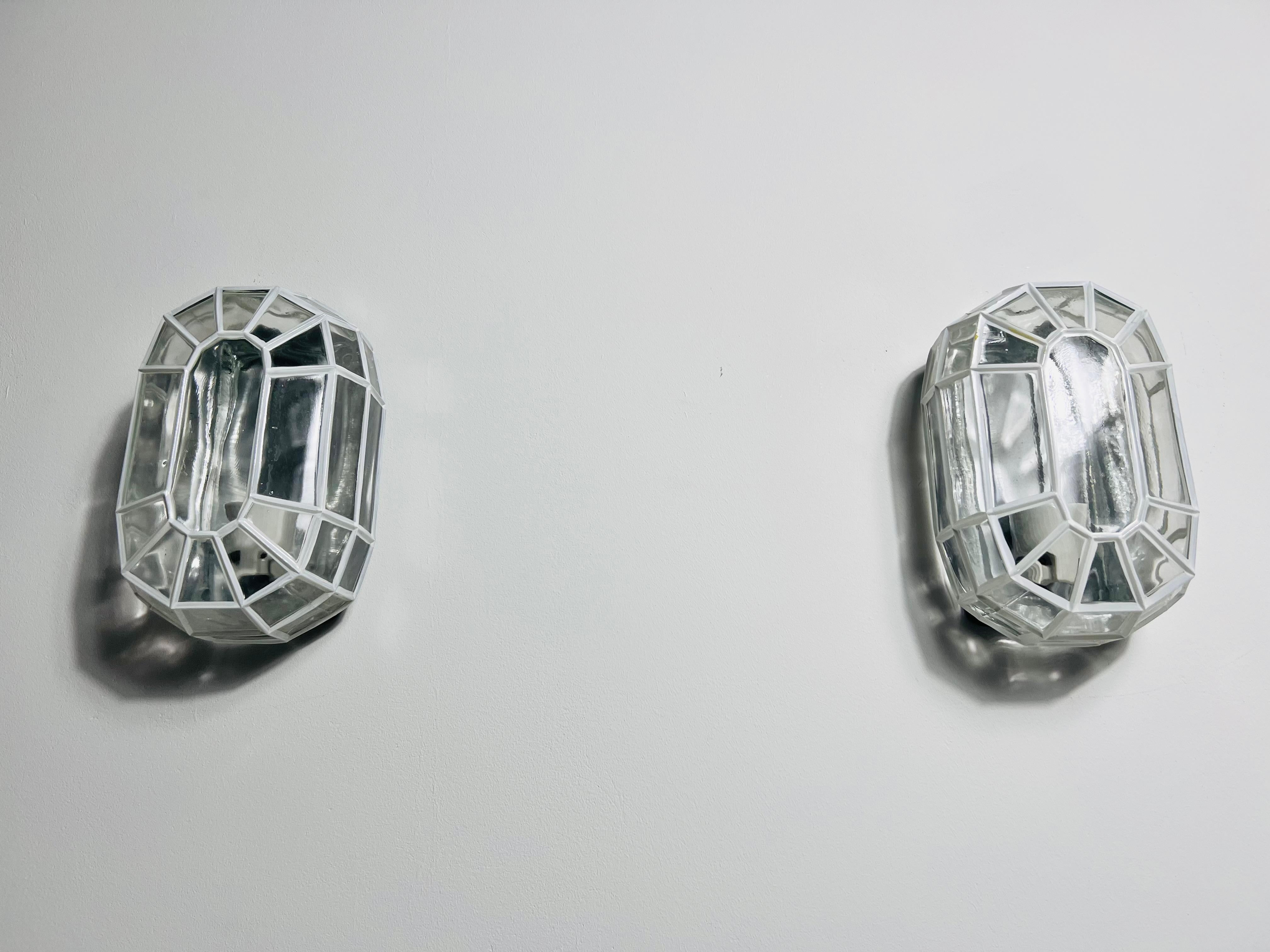 Metal Pair of Glass Wall Lamps by Glashütte Limburg, 1960s For Sale