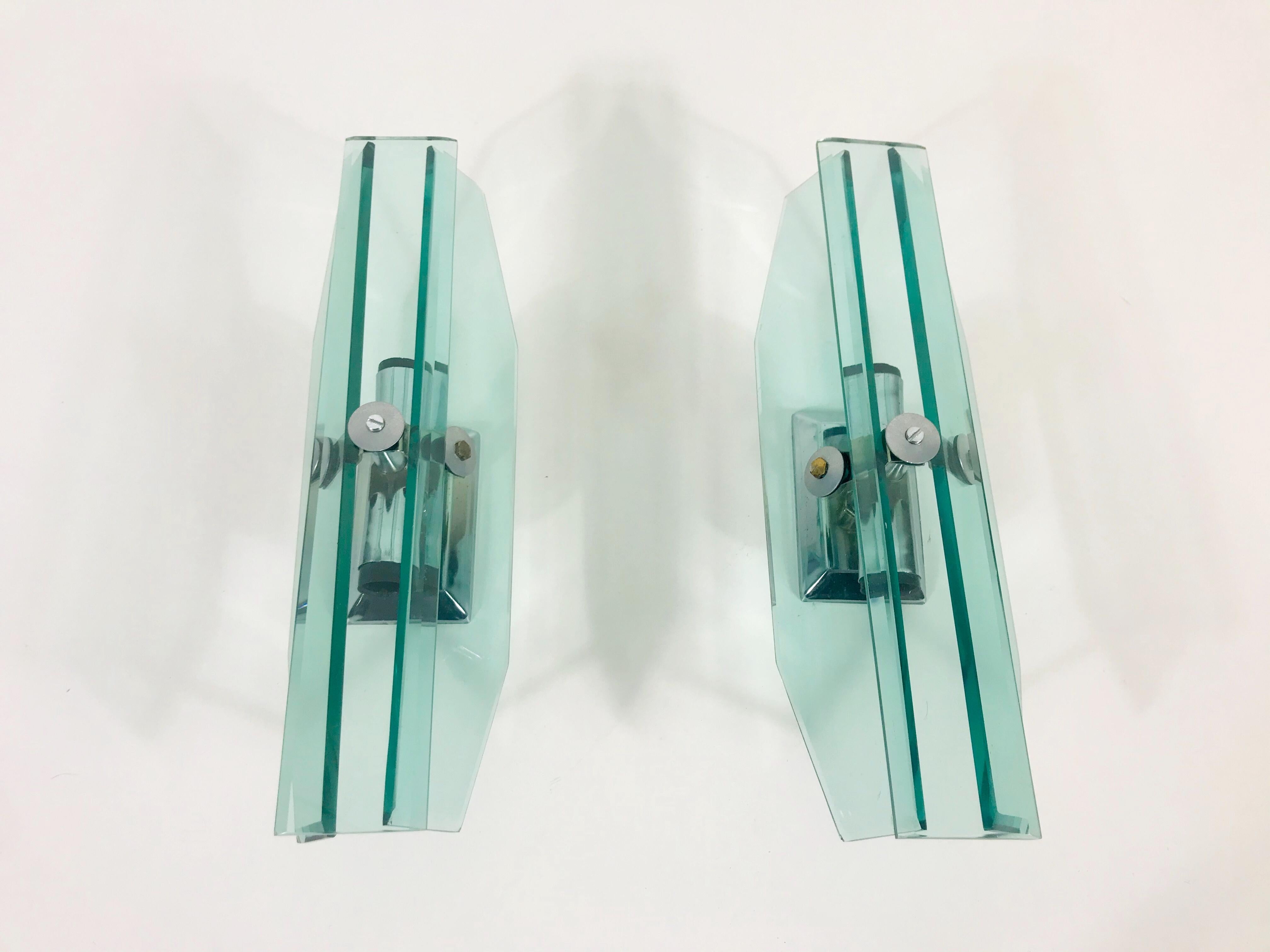 Mid-Century Modern Pair of Glass Wall Lights by Veca, 1970s, Italy