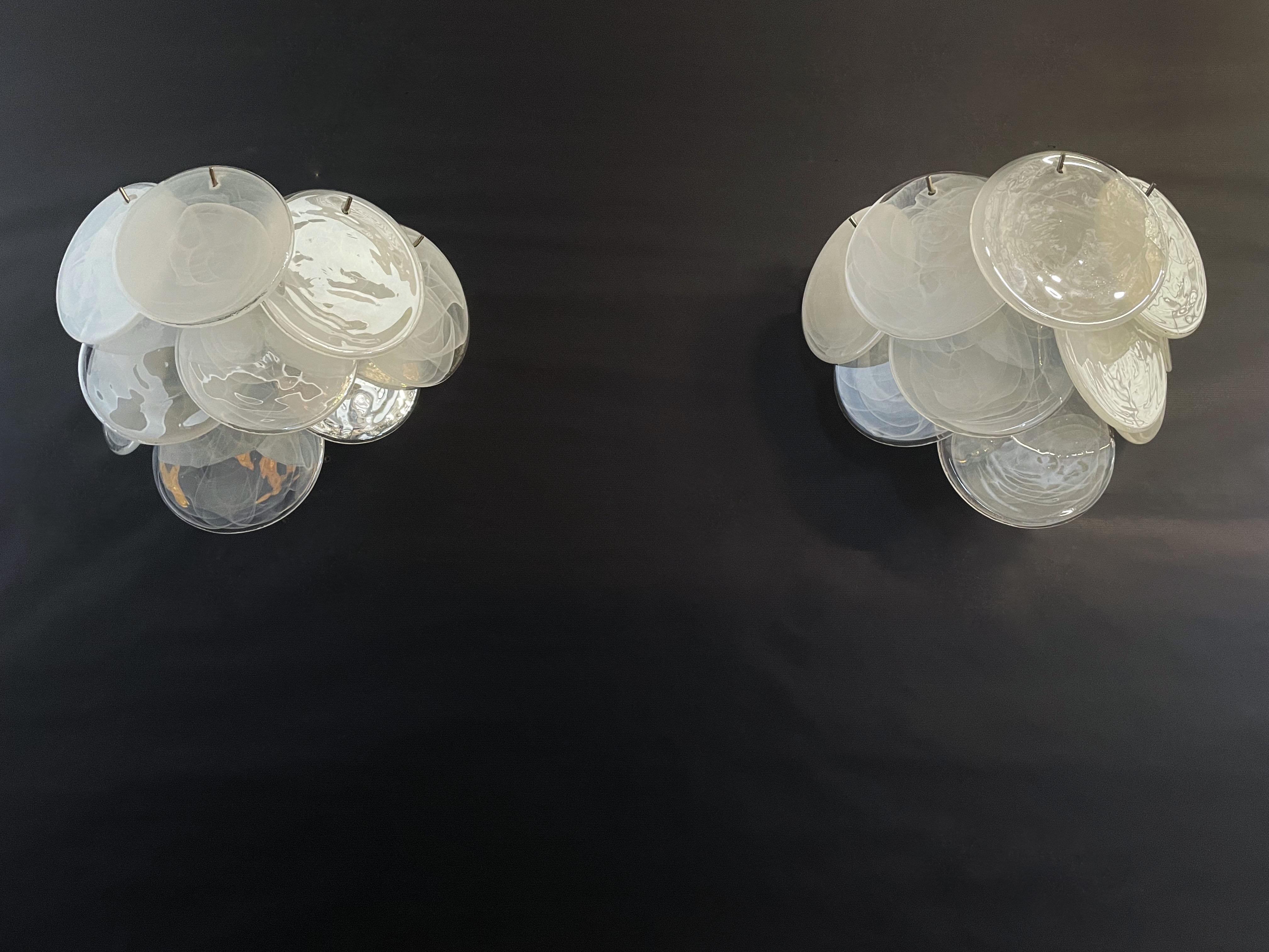 Italian Pair of Glass Wall Sconces, 10 Alabaster White Disks For Sale