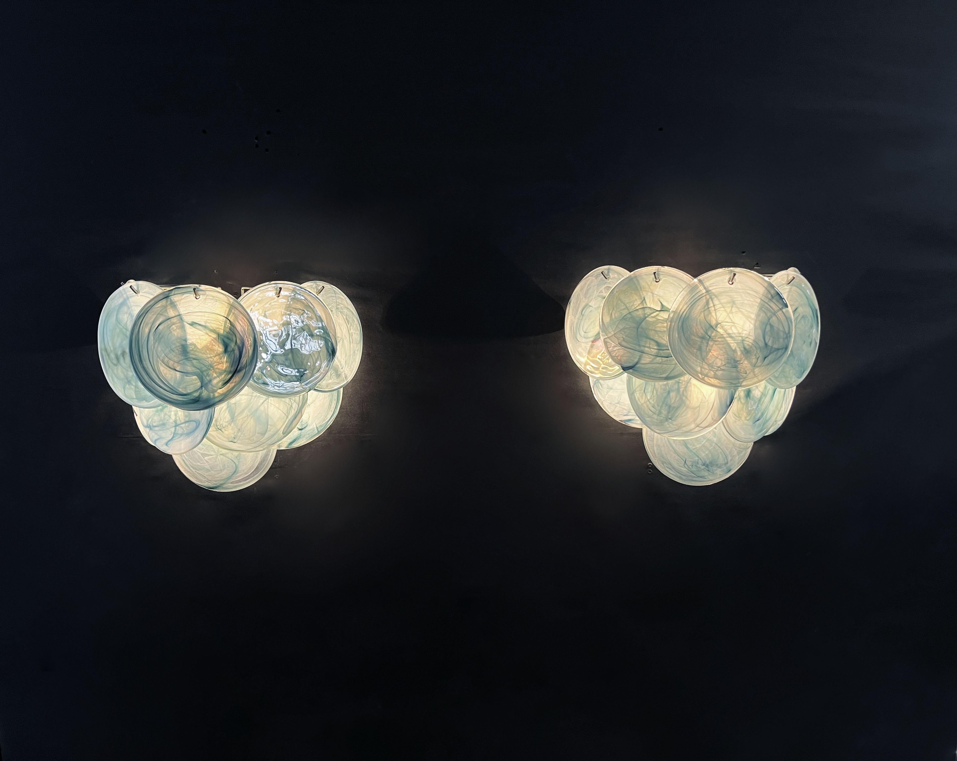 Pair of Glass Wall Sconces, 10 Iridescent Alabaster Blue Discs 2
