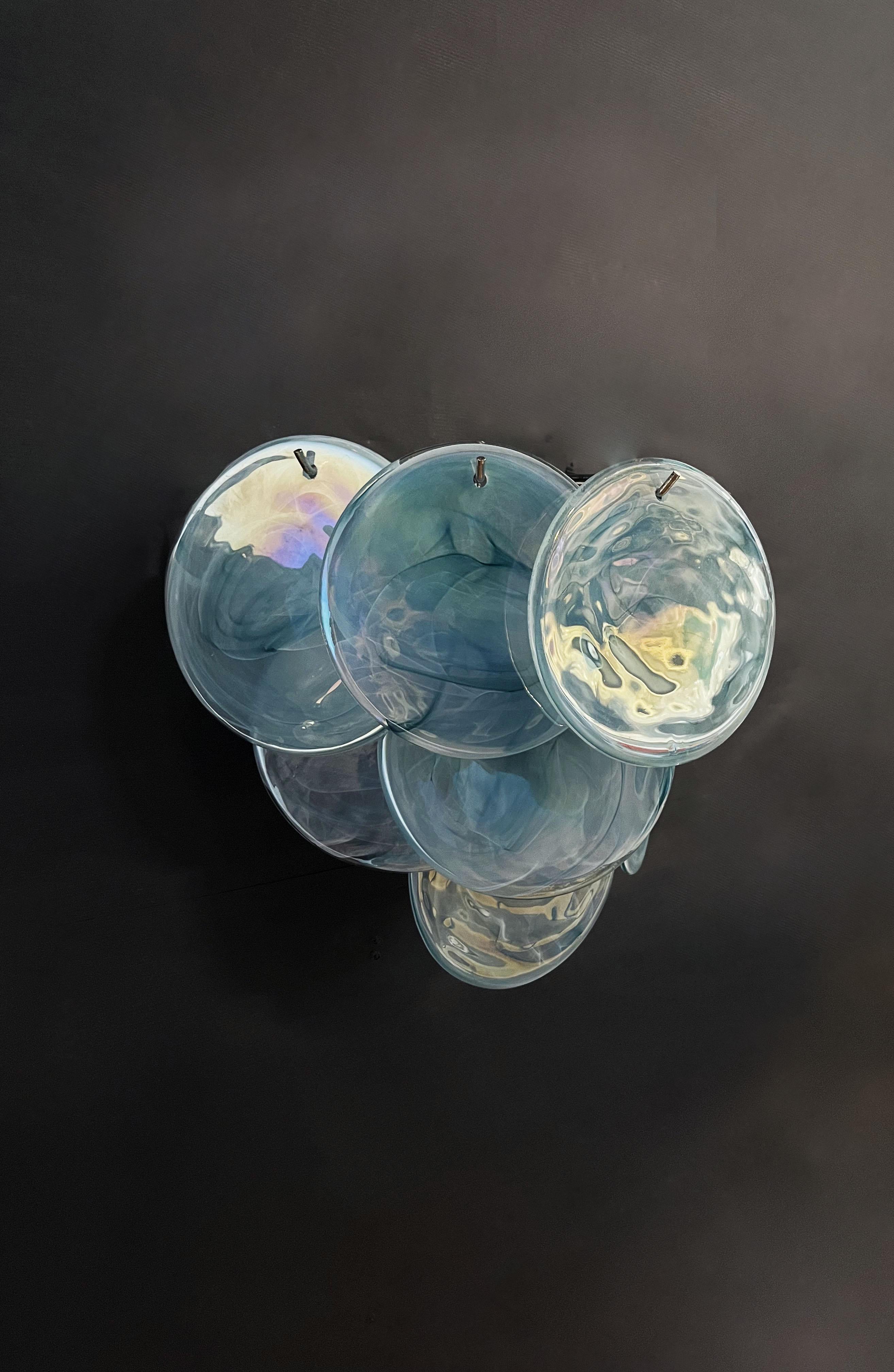 Pair of Glass Wall Sconces, 10 Iridescent Alabaster Blue Discs 4