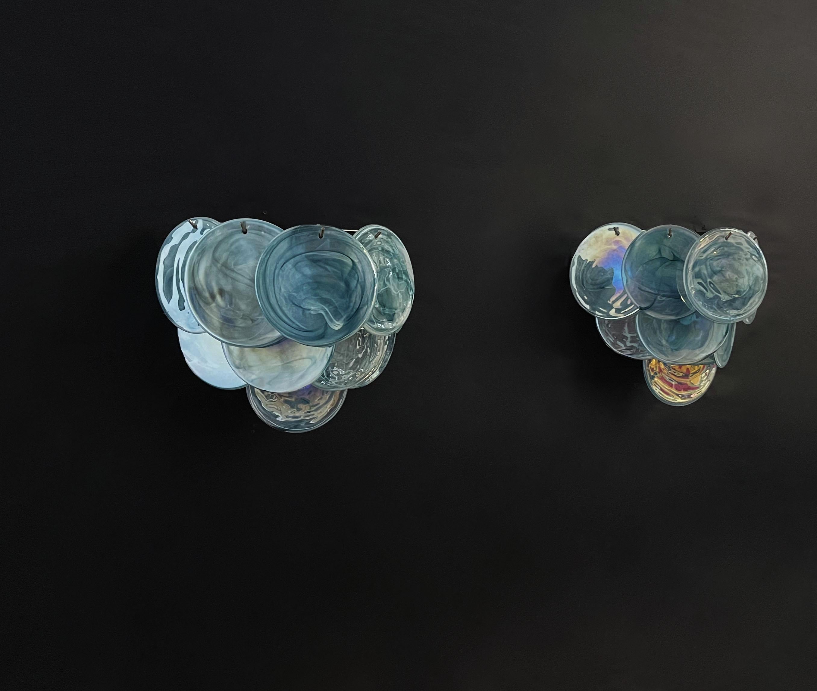 Mid-Century Modern Pair of Glass Wall Sconces, 10 Iridescent Alabaster Blue Discs