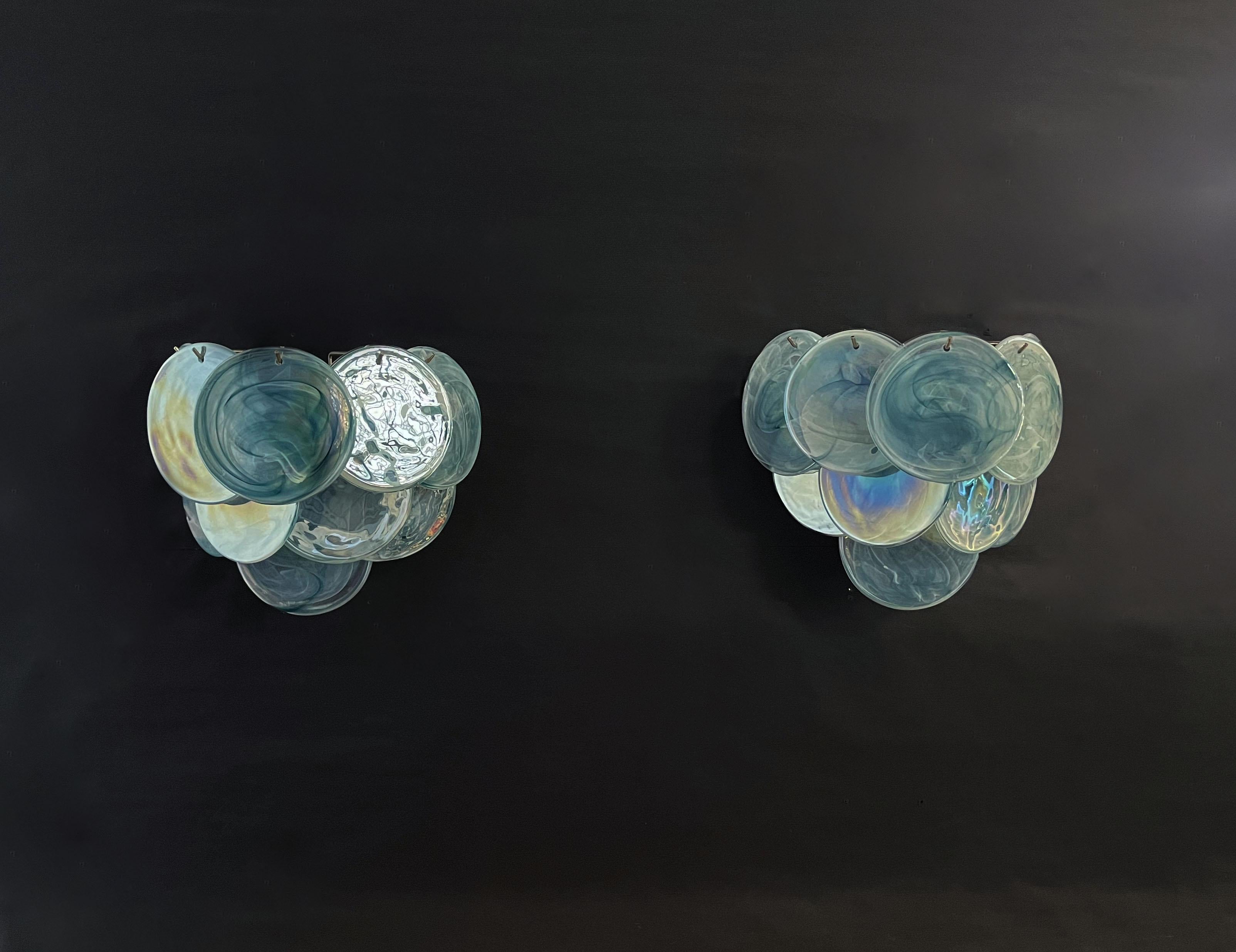Italian Pair of Glass Wall Sconces, 10 Iridescent Alabaster Blue Discs
