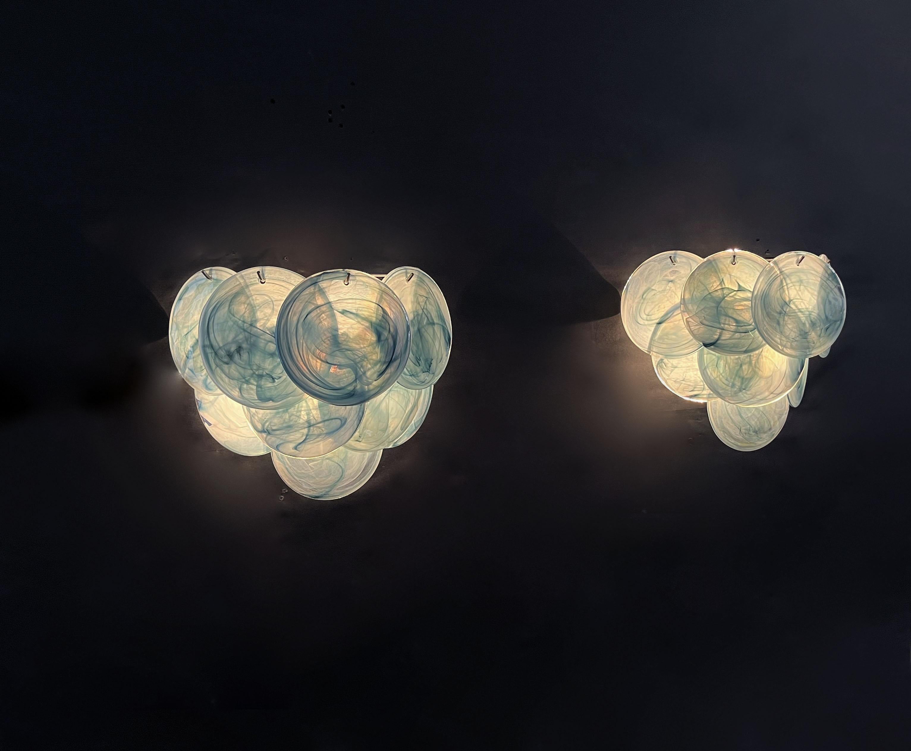 Pair of Glass Wall Sconces, 10 Iridescent Alabaster Blue Discs 1