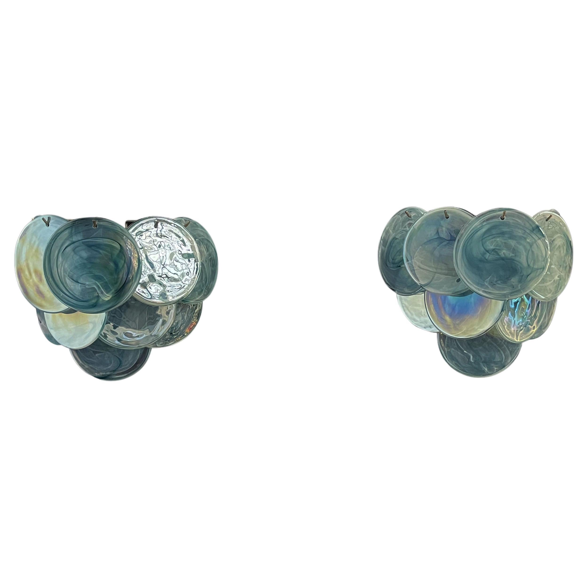Pair of Glass Wall Sconces, 10 Iridescent Alabaster Blue Discs