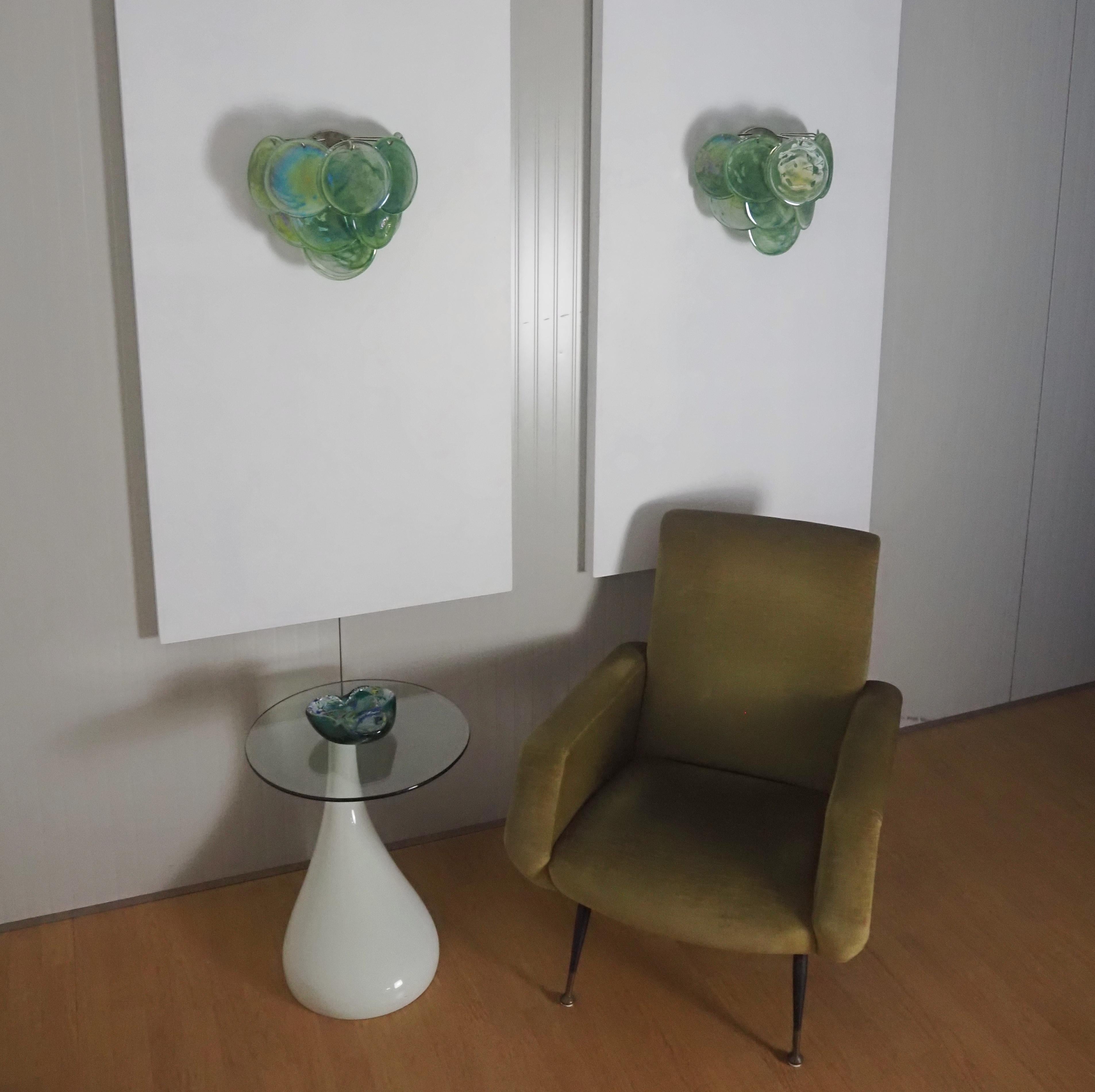 Pair of Glass Wall Sconces - 10 Iridescent Alabaster Green Discs 3