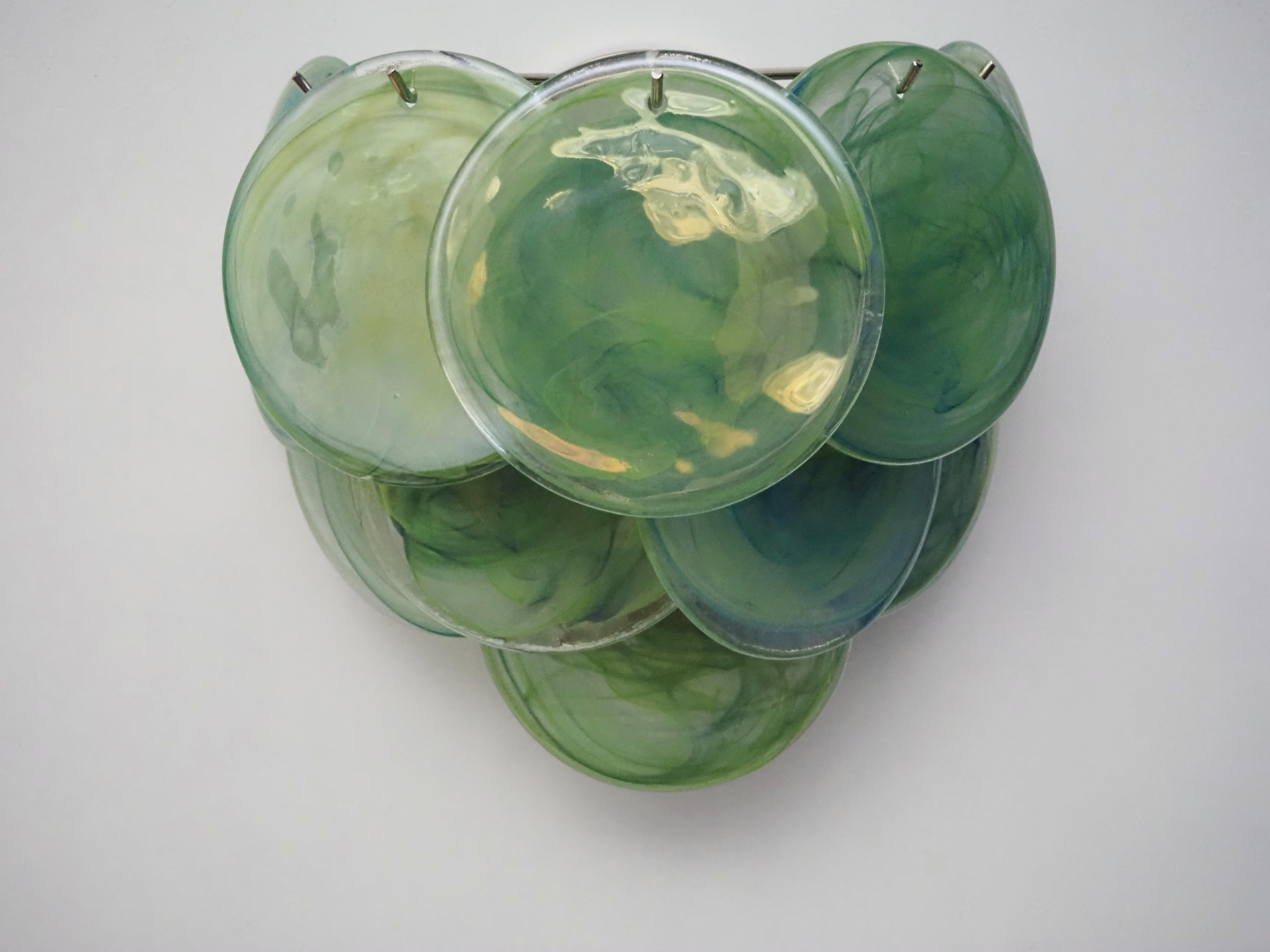 Galvanized Pair of Glass Wall Sconces - 10 Iridescent Alabaster Green Discs