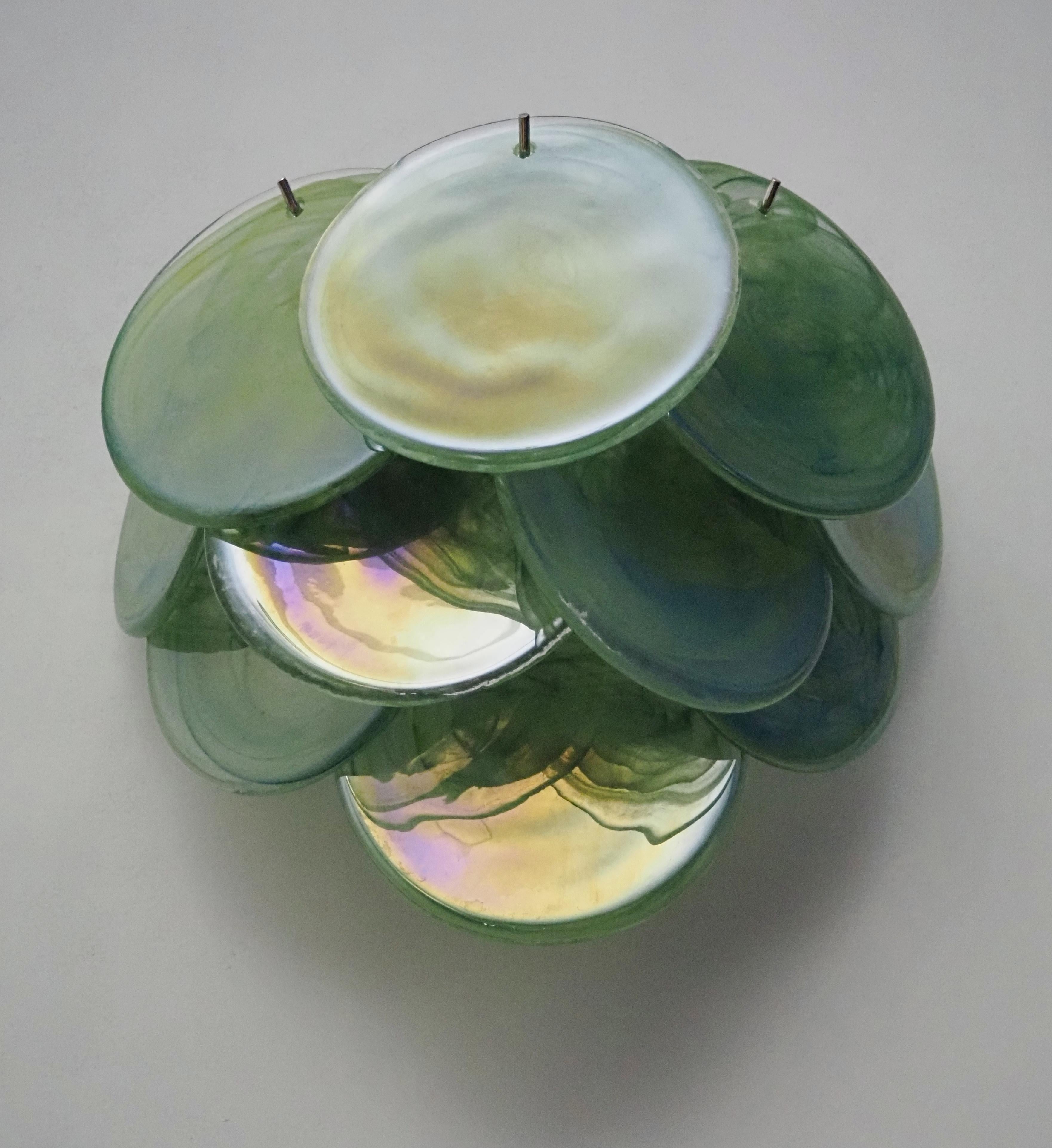 20th Century Pair of Glass Wall Sconces - 10 Iridescent Alabaster Green Discs