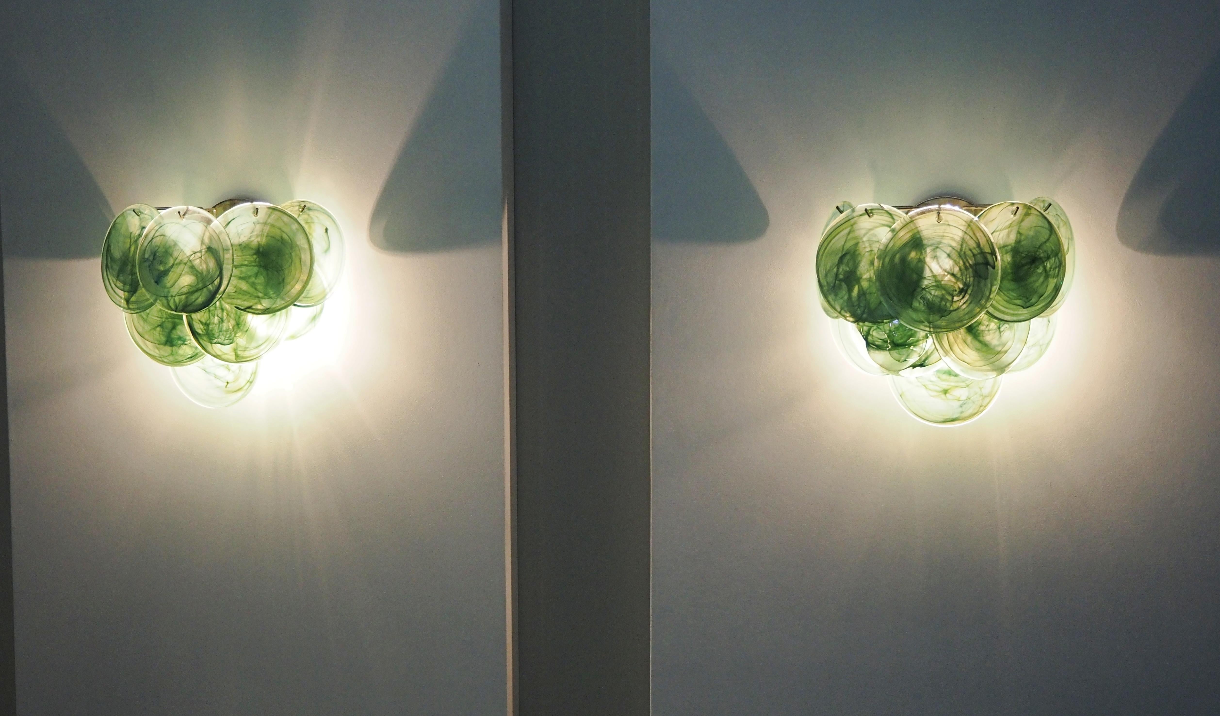 Pair of Glass Wall Sconces - 10 Iridescent Alabaster Green Discs 1