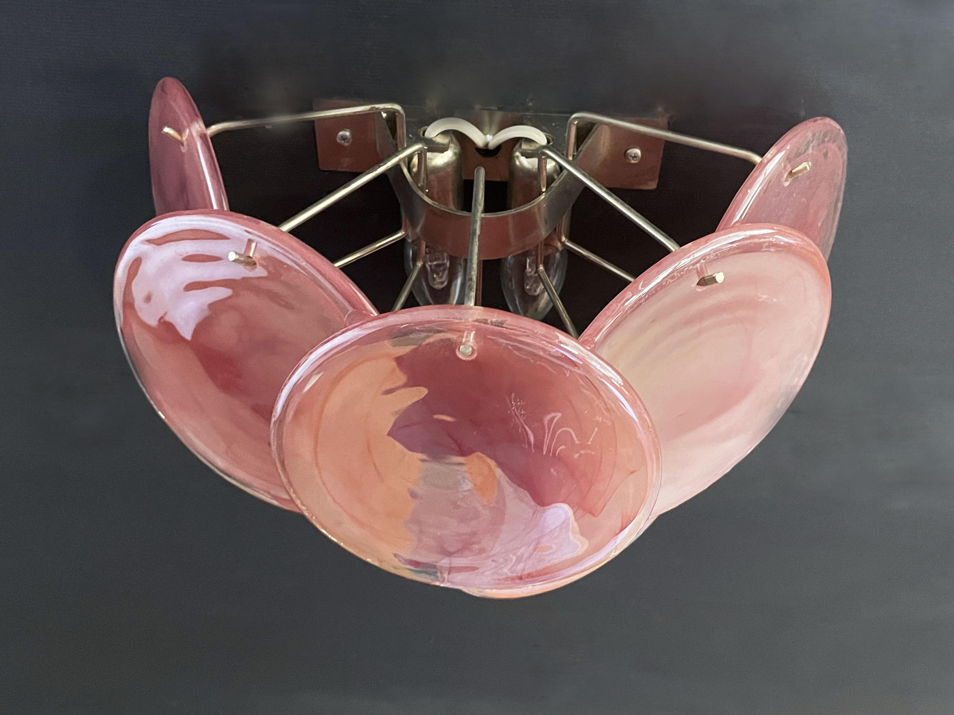Pair of Glass Wall Sconces, 10 Iridescent Alabaster Pink Discs at 1stDibs