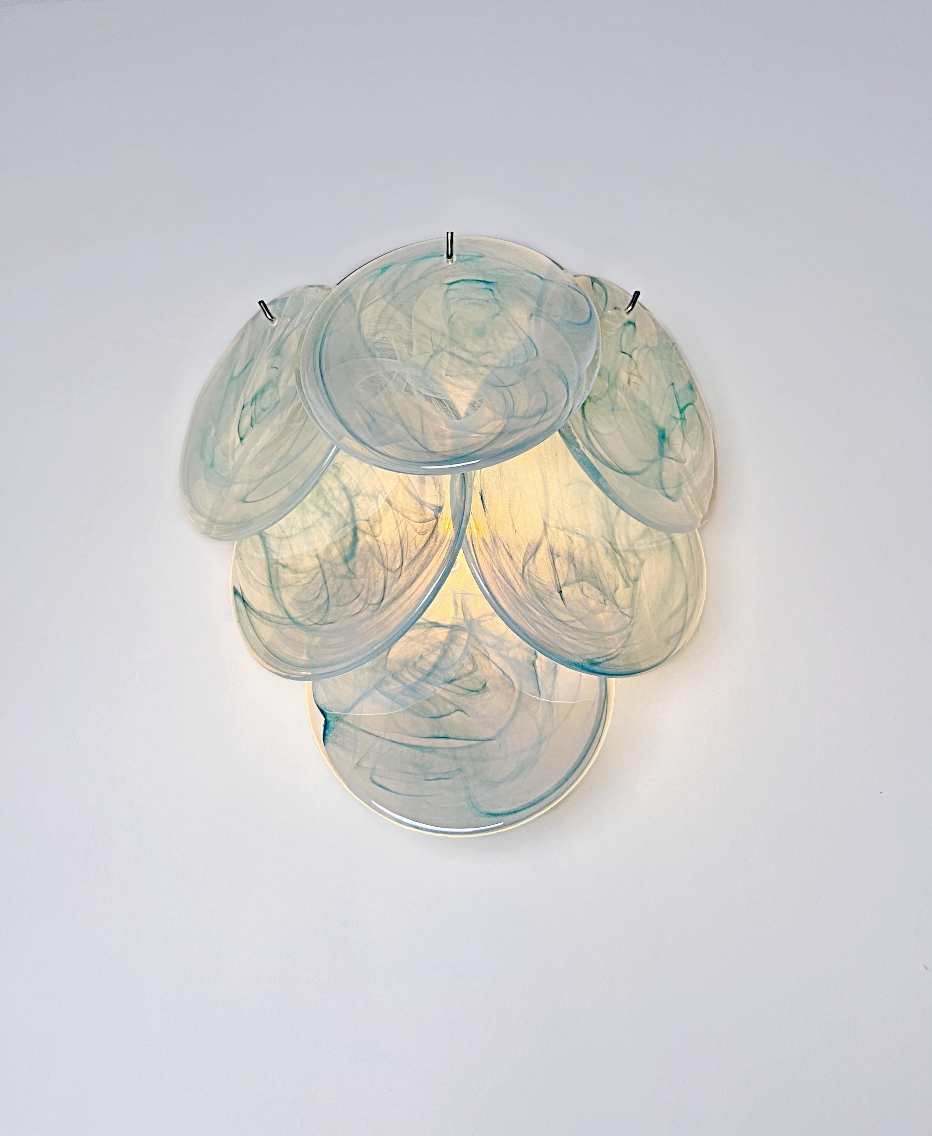 Pair of glass wall sconces - 6 alabaster blue disks en venta 3