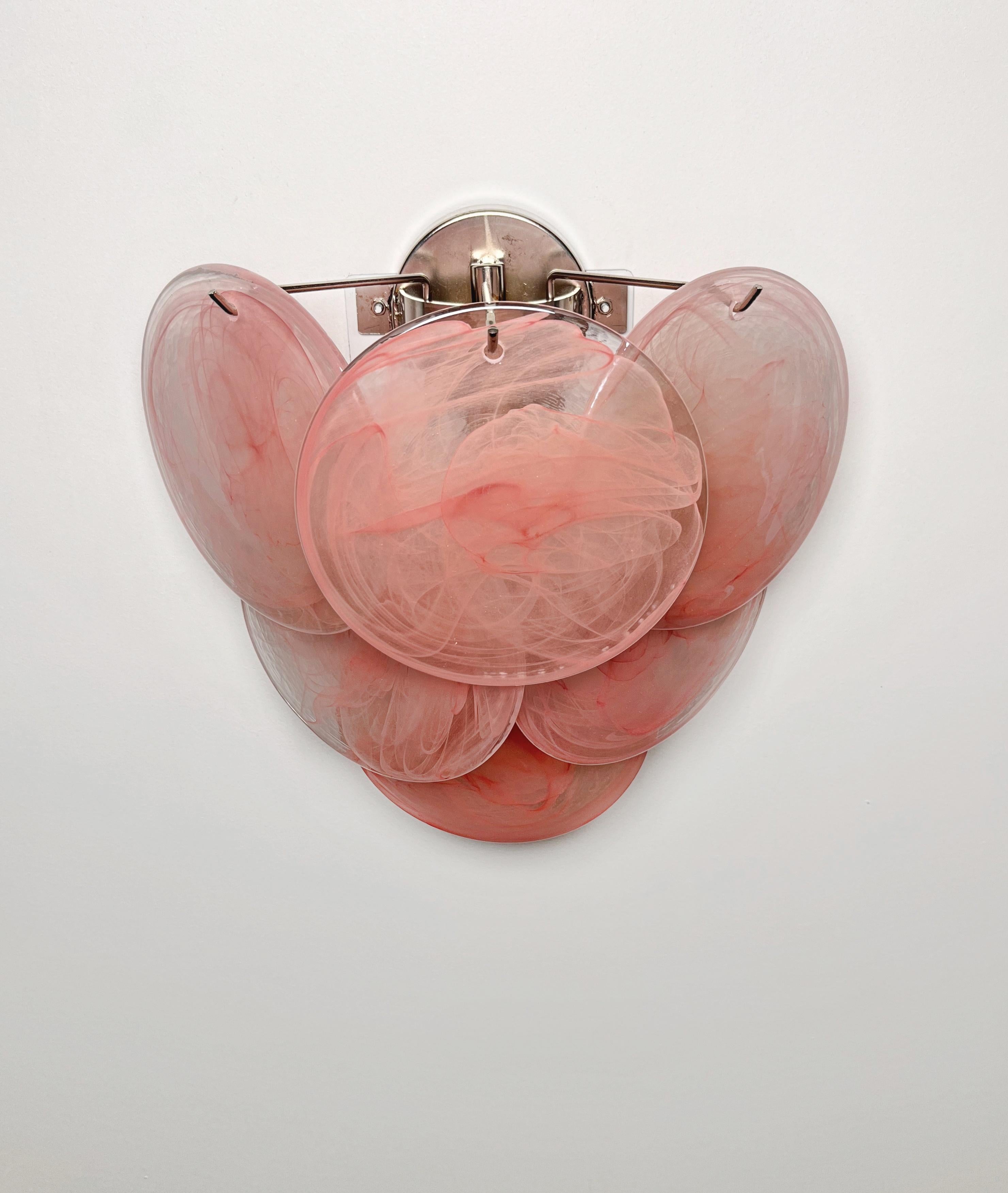 Pair of glass wall sconces - 6 alabaster pink disks 20th Century en venta
