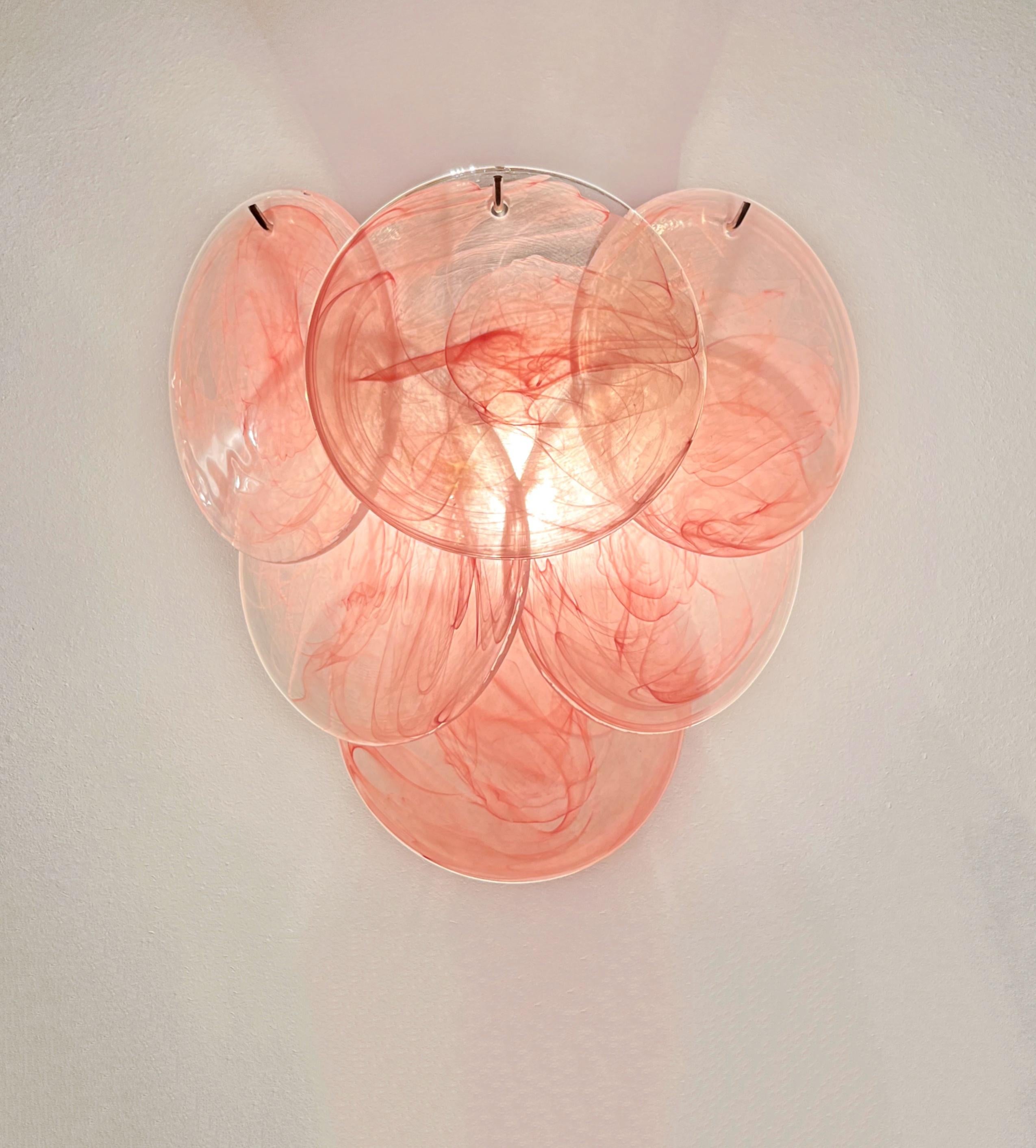 Pair of glass wall sconces - 6 alabaster pink disks 1