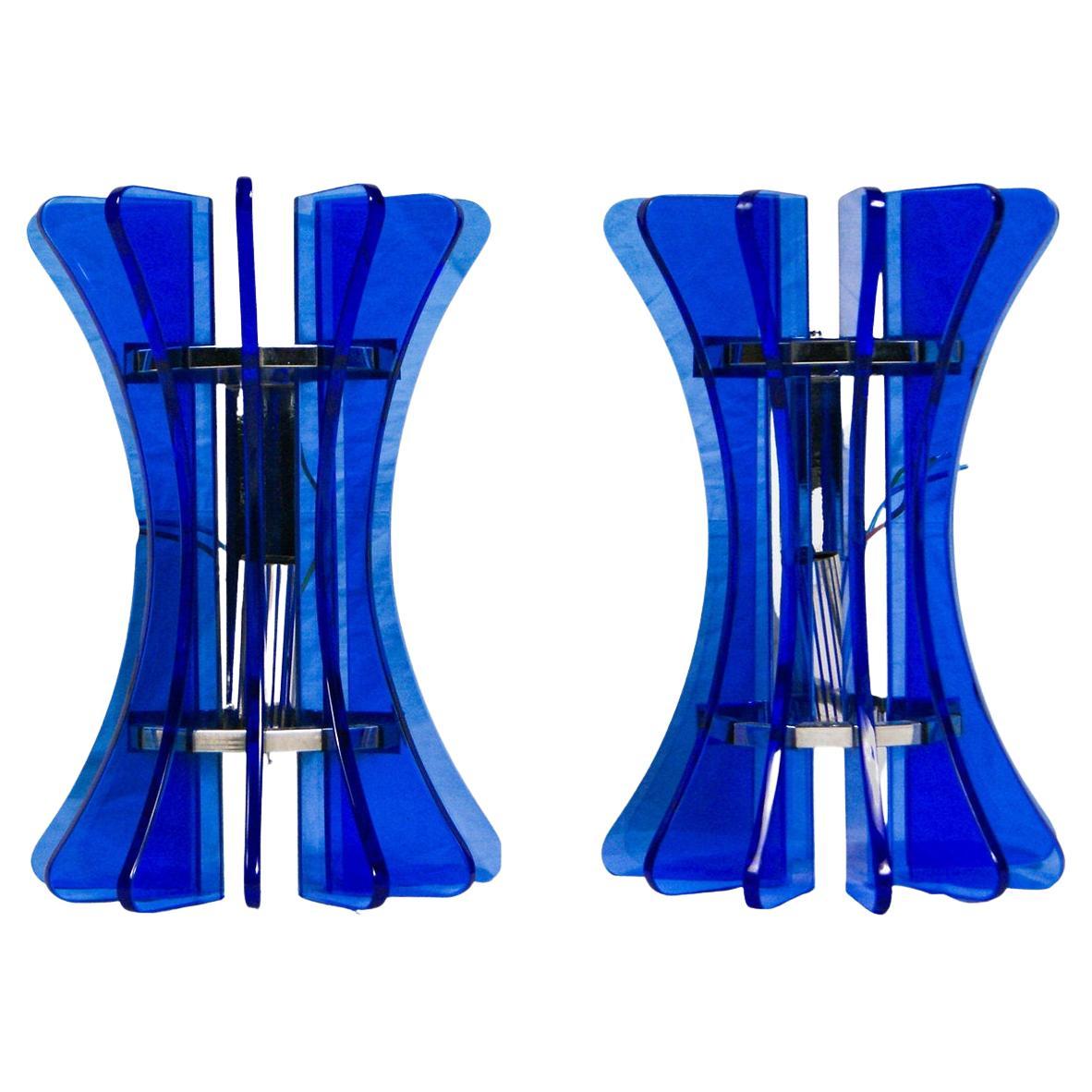 Pair of Glass Wall Sconces in Colour Deep Blue Veca Italy 1960s
