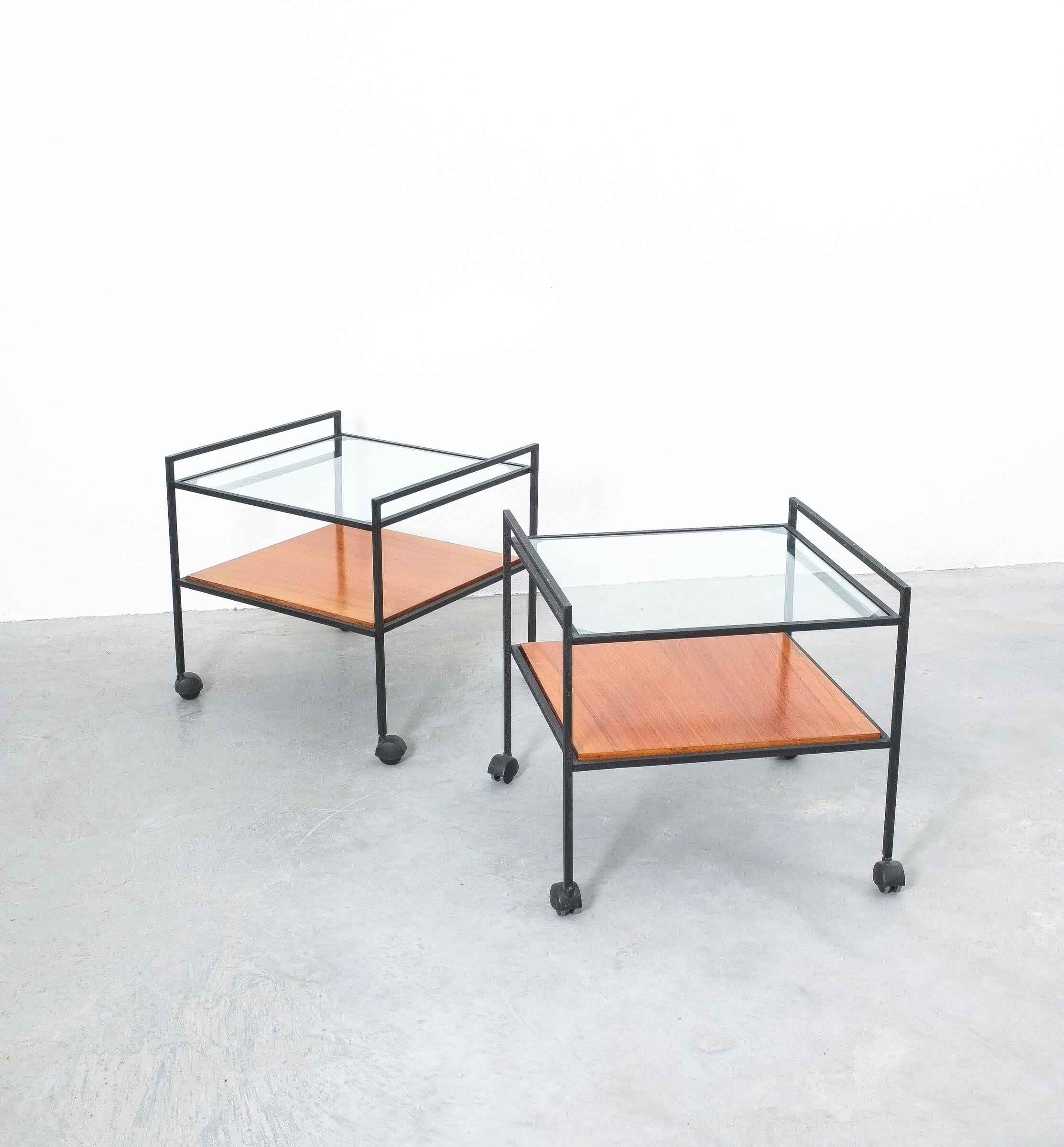 Mid-Century Modern Pair of Glass Wood Iron Tables On Casters, Italy, 1960 For Sale