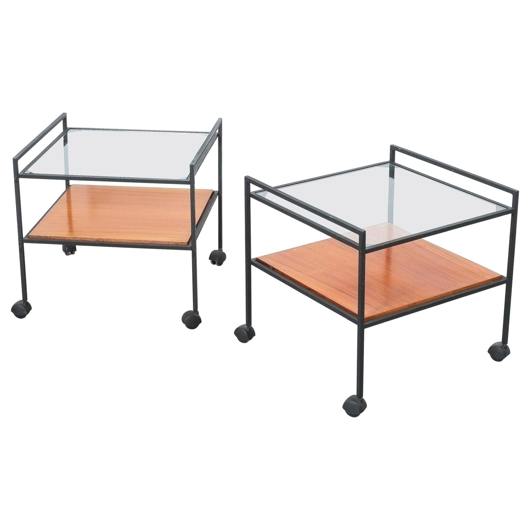 Pair of Glass Wood Iron Tables On Casters, Italy, 1960 For Sale