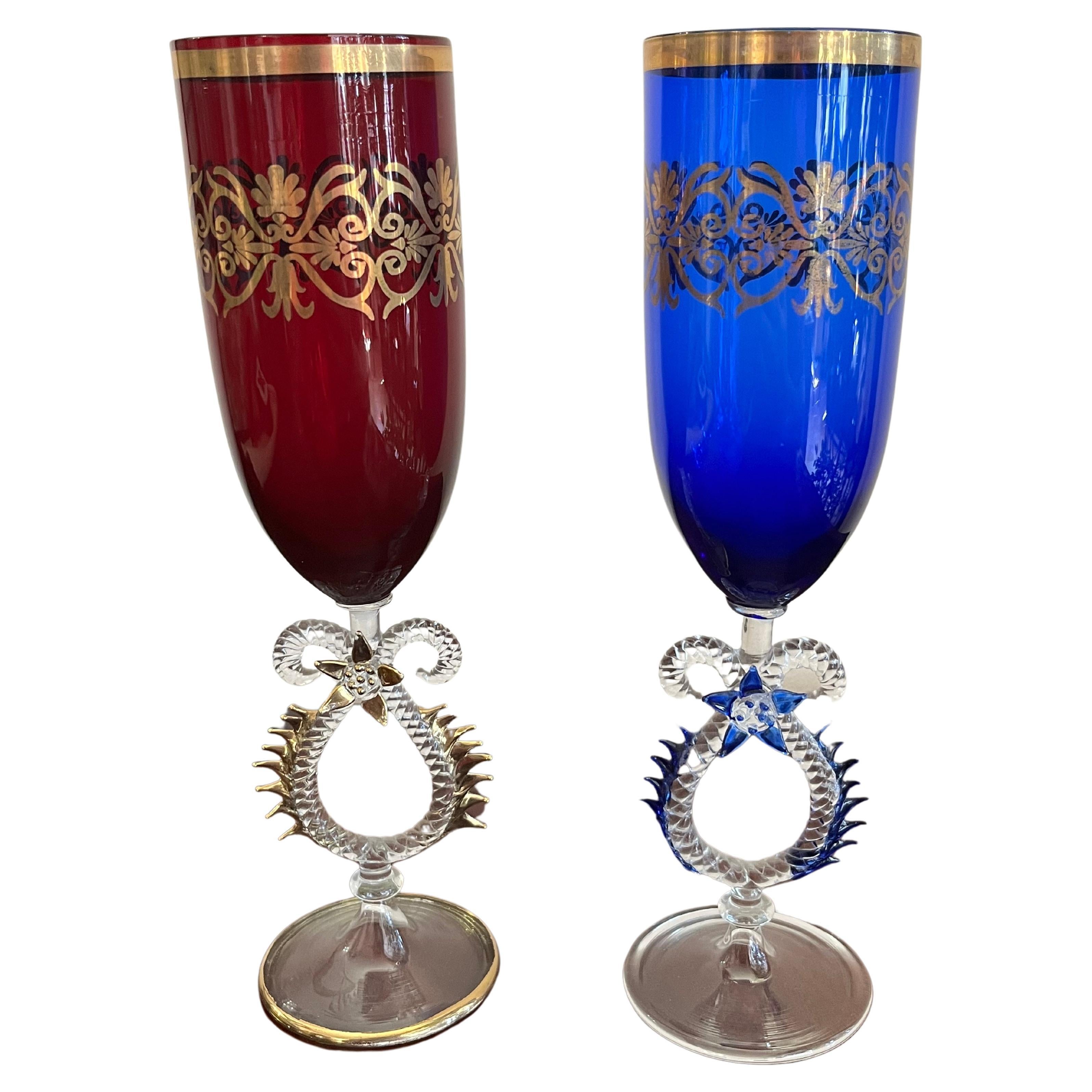 Pair of Glasses/Flutes in Murano Crystal, Italy, 1980 For Sale