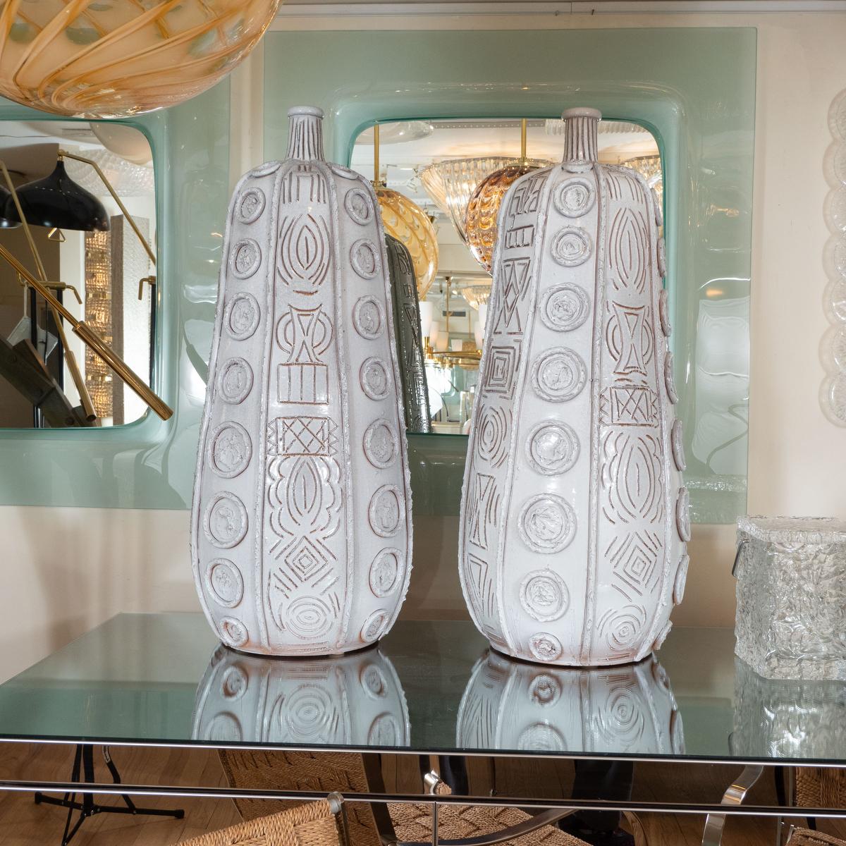 Pair of glazed and incised terra cotta tall vases by Duca Di Comastra.