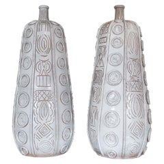 Pair of Glazed and Incised Terracotta Tall Vases