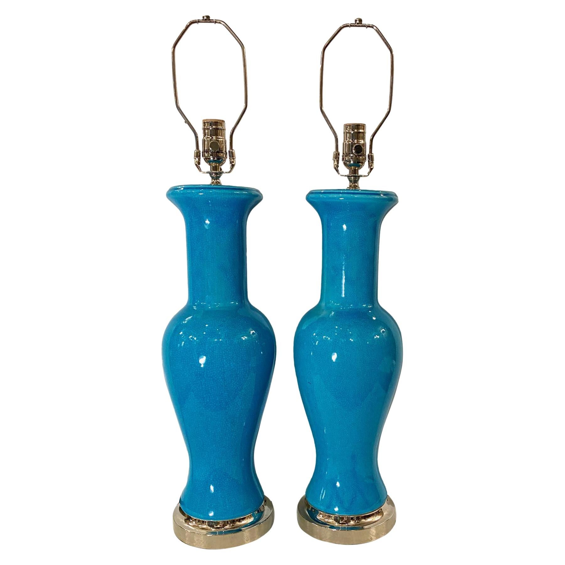 Pair of Glazed Blue Porcelain Table Lamps For Sale