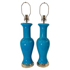 Vintage Pair of Glazed Blue Porcelain Table Lamps